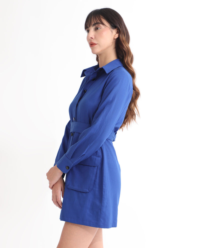 Rareism Women Fenko Fluorescent Blue Shirt Collar Full Sleeves Front Full Button Closure With Patch Pockets Mini Dress