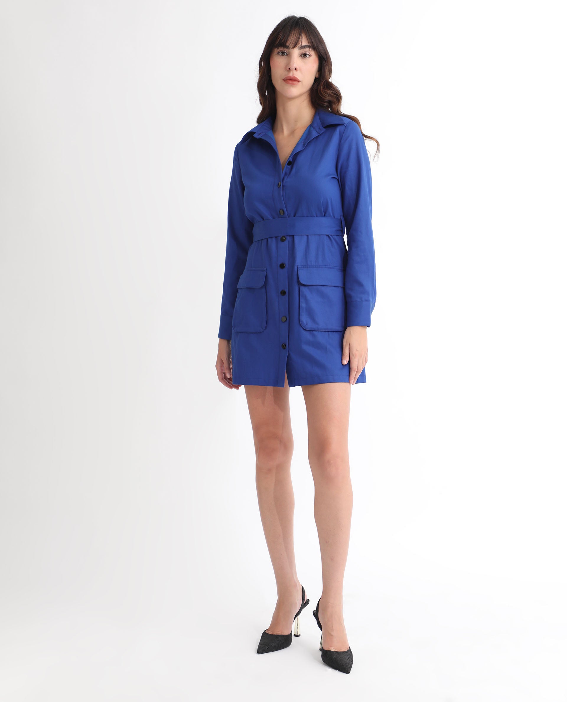 Rareism Women's Fenko Flouroscent Blue Cotton Spread Collar Plain Mini Relaxed Fit Dress