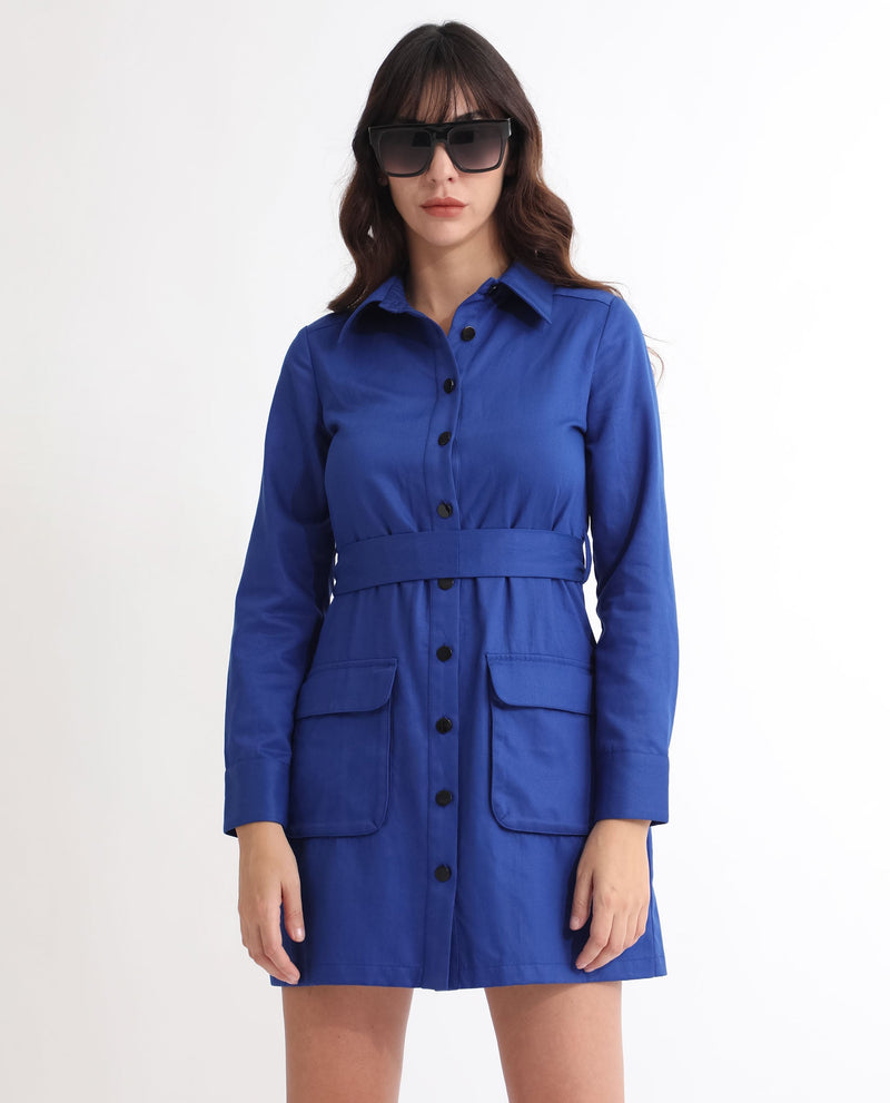 Rareism Women Fenko Fluorescent Blue Shirt Collar Full Sleeves Front Full Button Closure With Patch Pockets Mini Dress