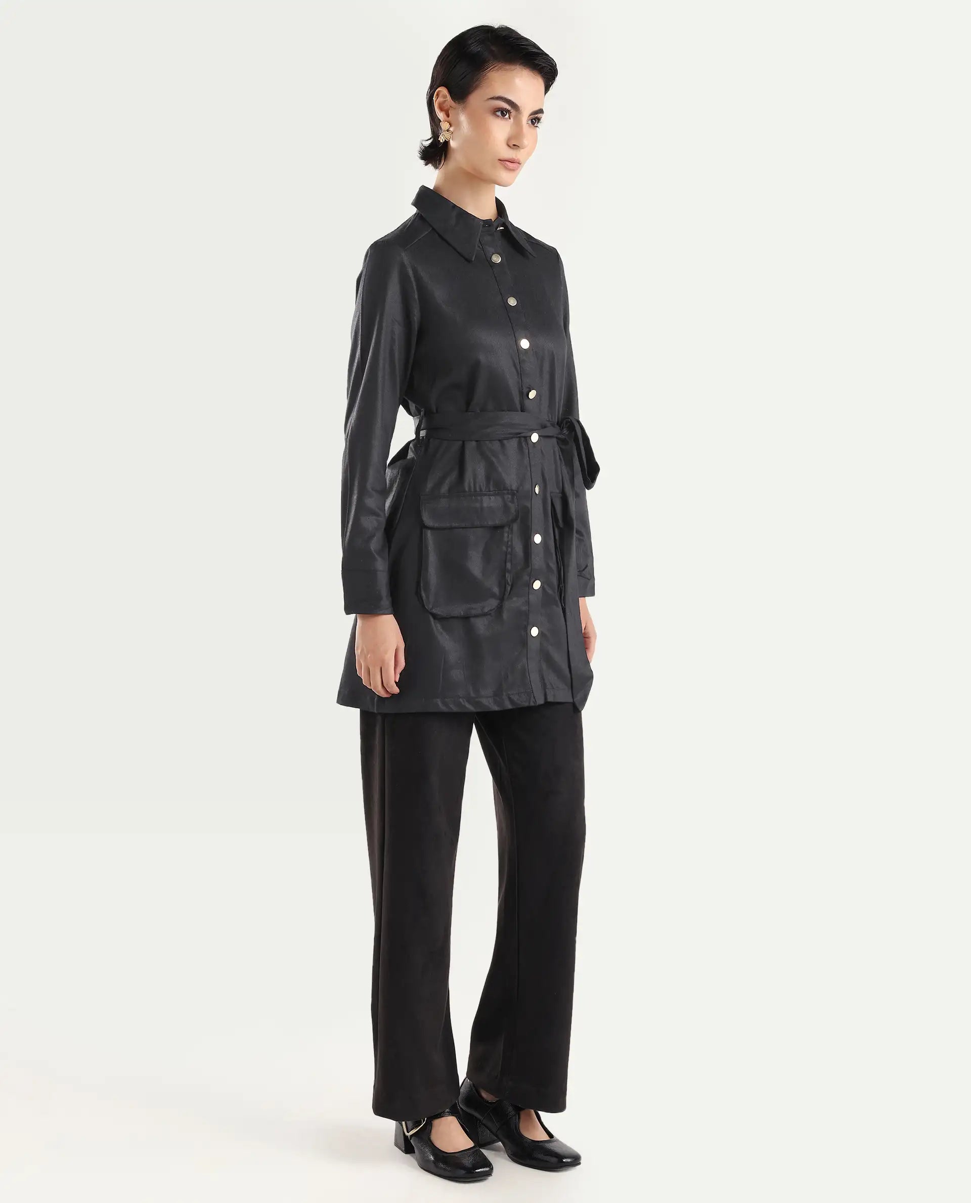 Rareism Women's Fenko Black Cotton Spread Collar Plain Mini Relaxed Fit Dress