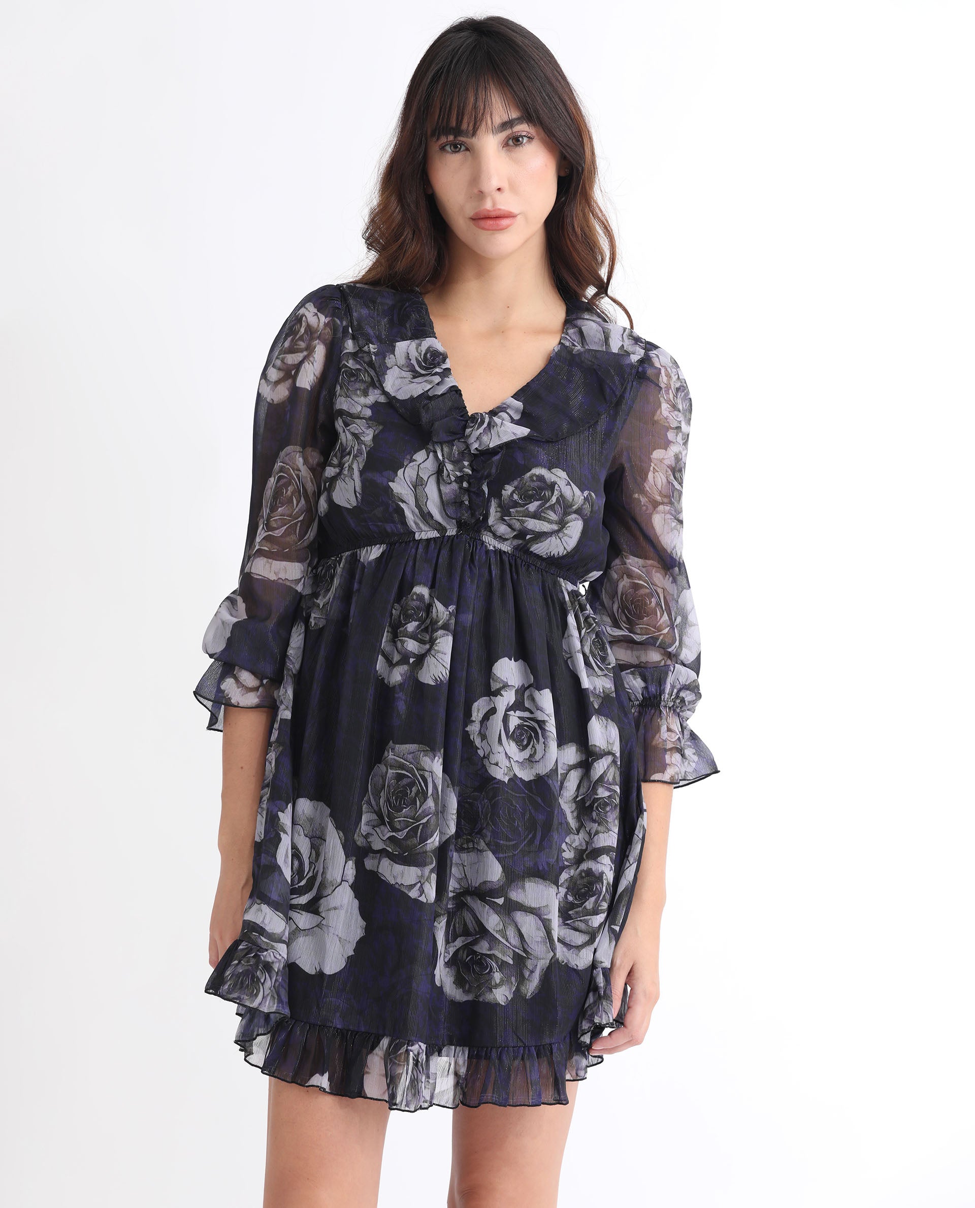 Rareism Women's Fente Dark Purple Polyester V-Neck Floral Print Balloon Sleeve Mini Relaxed Fit Dress