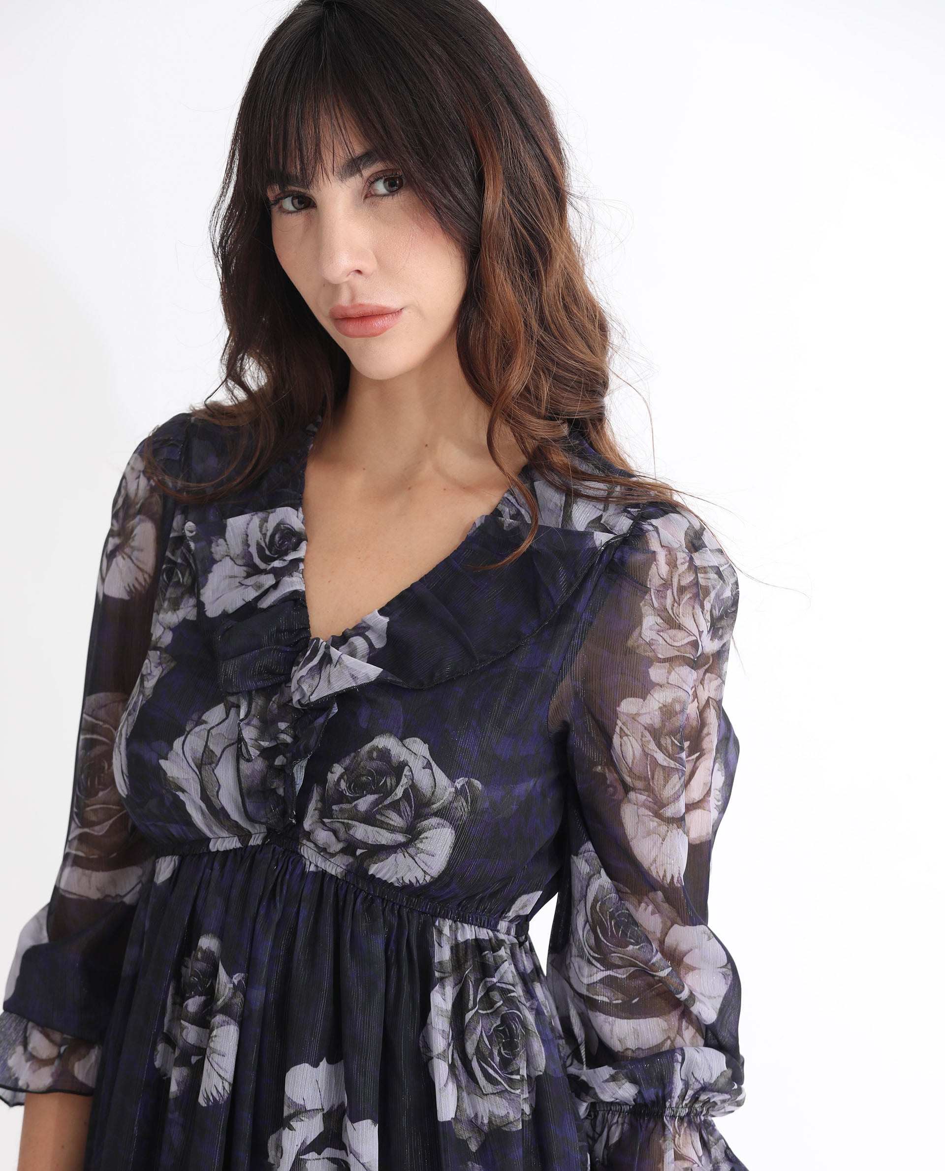 Rareism Women's Fente Dark Purple Polyester V-Neck Floral Print Balloon Sleeve Mini Relaxed Fit Dress