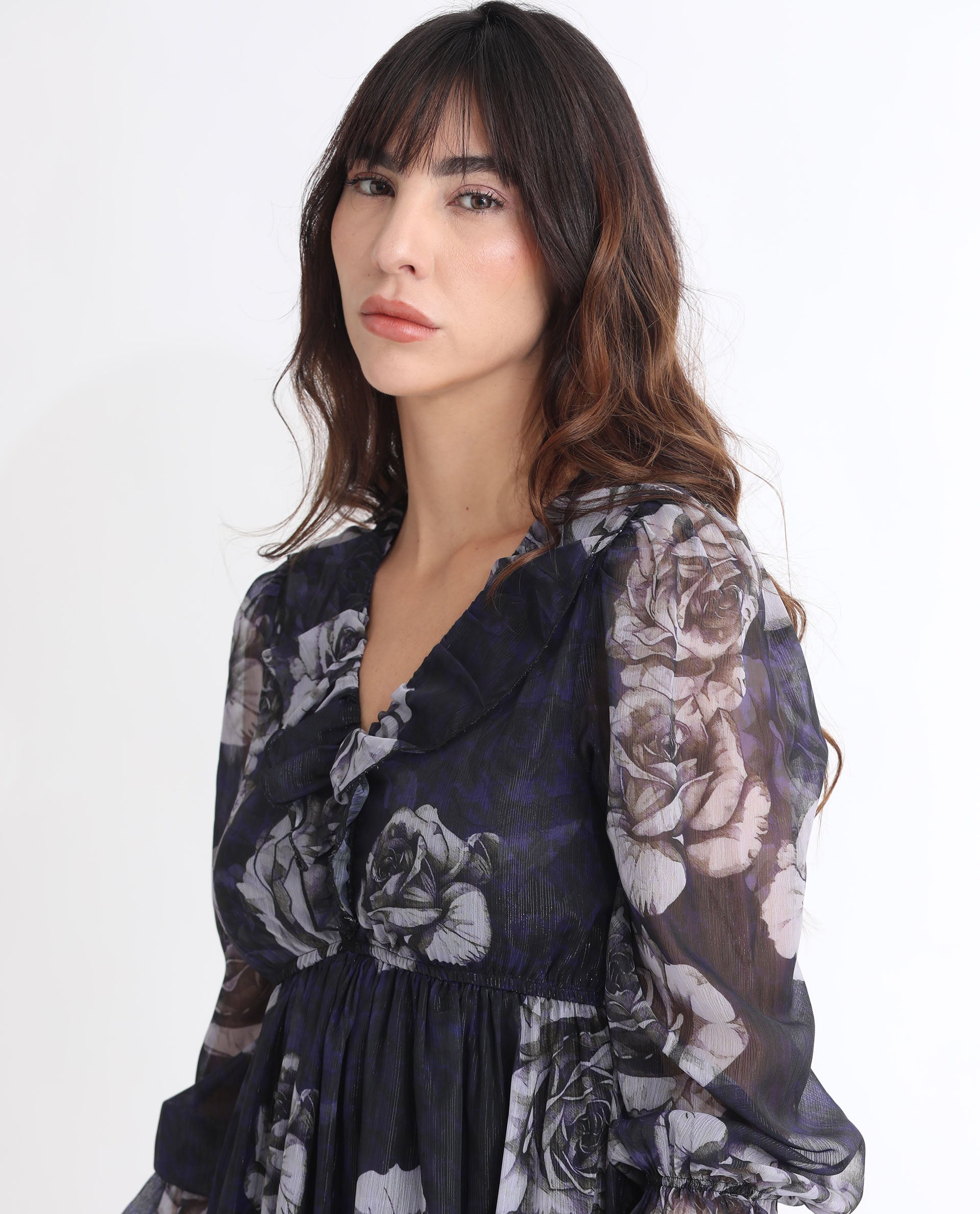 Rareism Women's Fente Dark Purple Polyester V-Neck Floral Print Balloon Sleeve Mini Relaxed Fit Dress