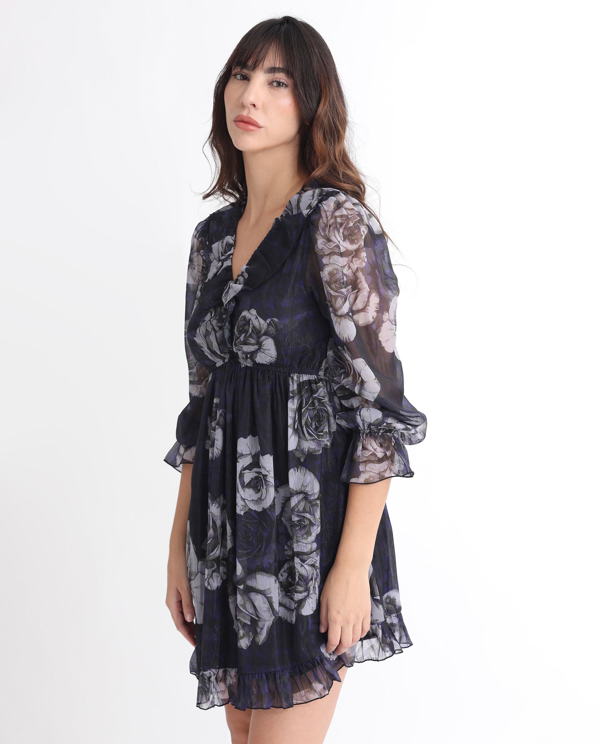 Rareism Women's Fente Dark Purple Polyester V-Neck Floral Print Balloon Sleeve Mini Relaxed Fit Dress