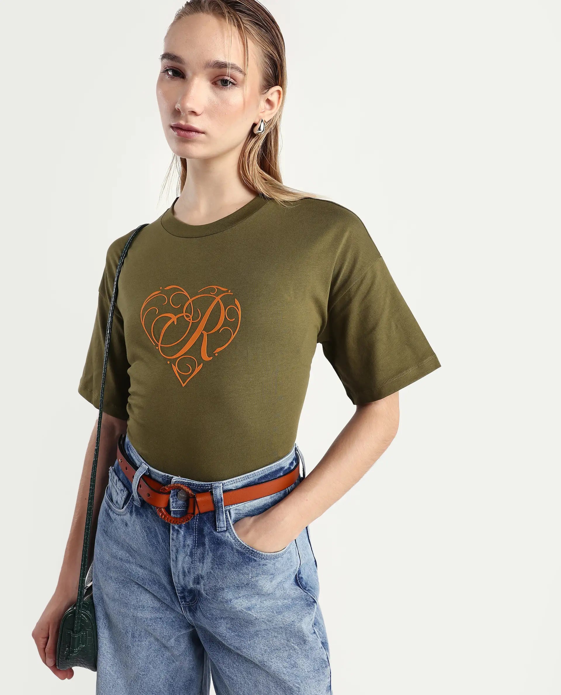 Rareism Women's Fer Dark Olive Cotton Crew Neck Relaxed Fit T-Shirt