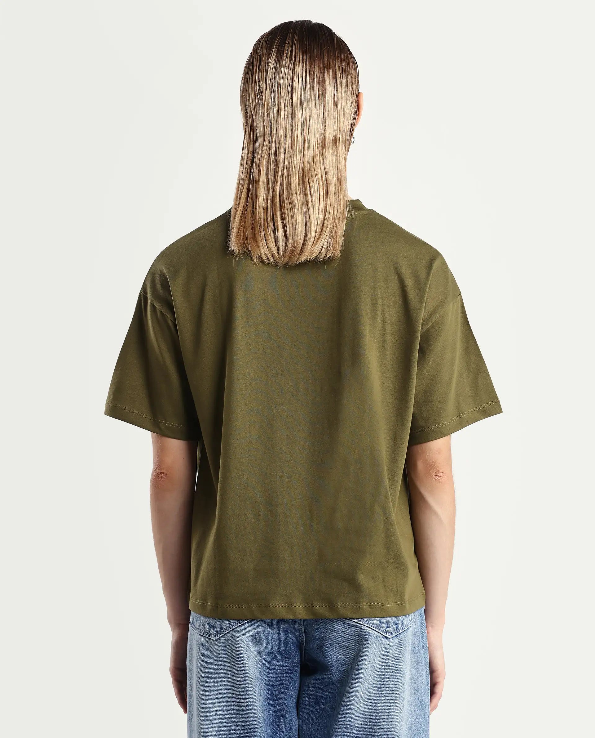 Rareism Women's Fer Dark Olive Cotton Crew Neck Relaxed Fit T-Shirt