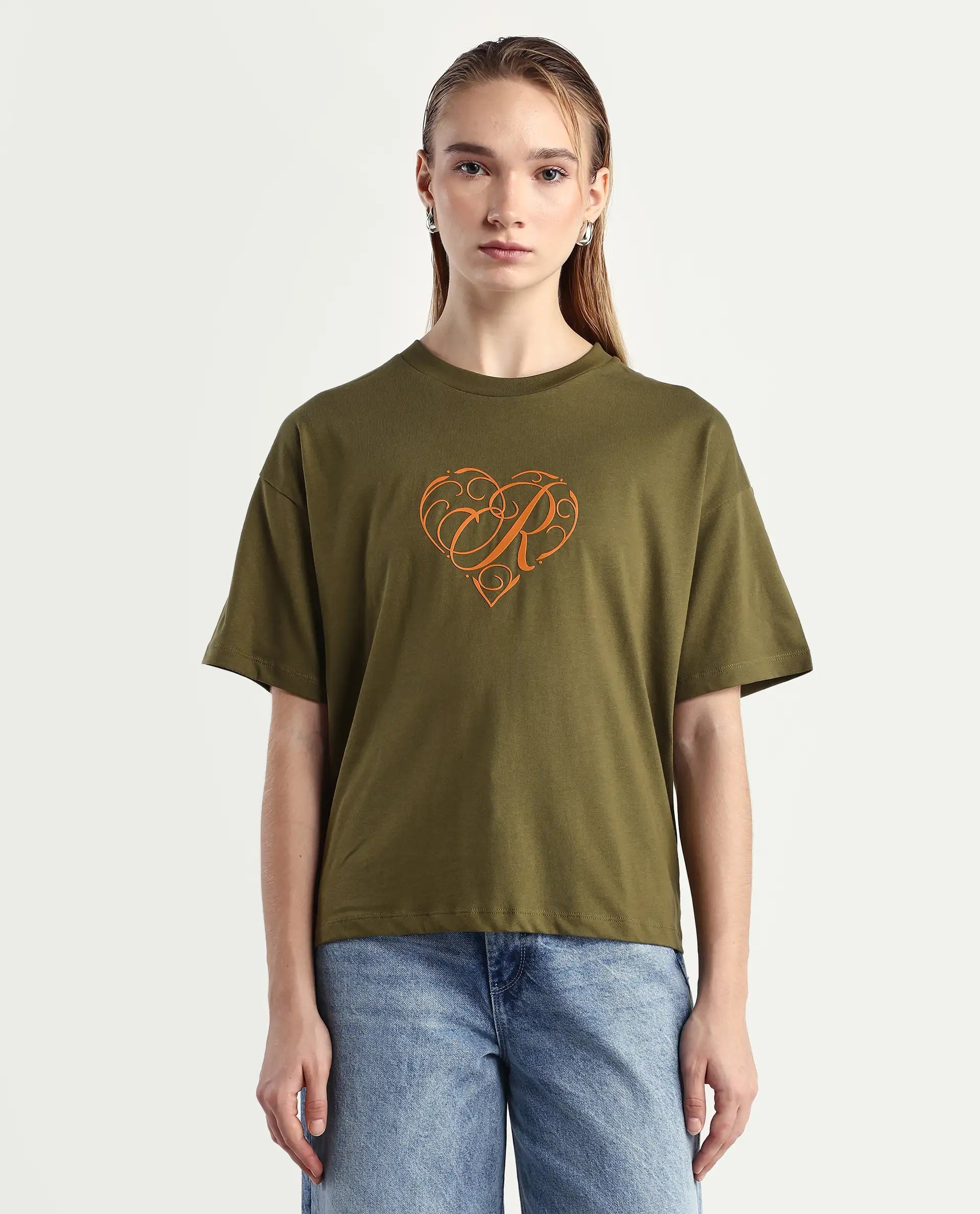 Rareism Women's Fer Dark Olive Cotton Crew Neck Relaxed Fit T-Shirt