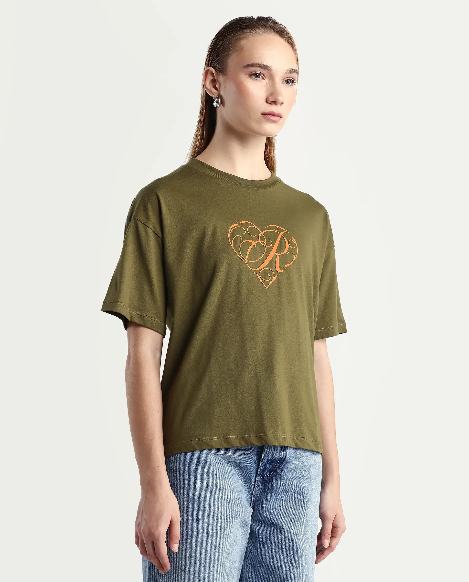 Rareism Women's Fer Dark Olive Cotton Crew Neck Relaxed Fit T-Shirt