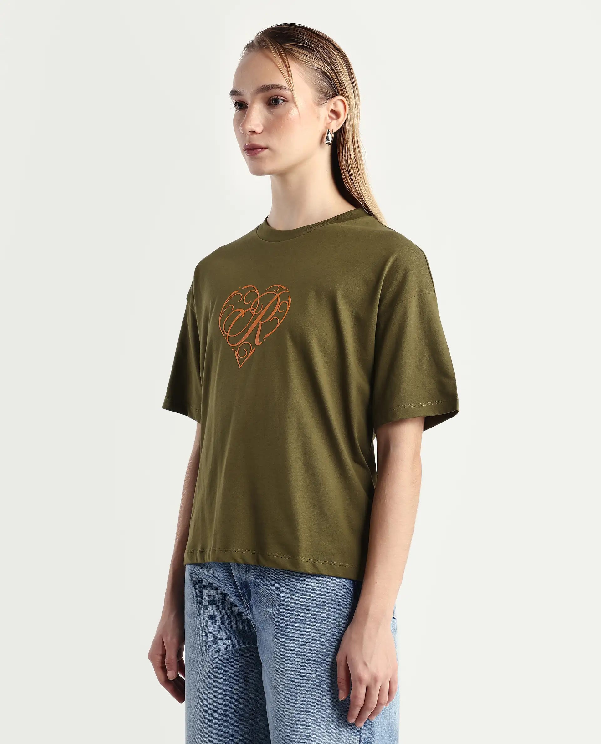 Rareism Women's Fer Dark Olive Cotton Crew Neck Relaxed Fit T-Shirt