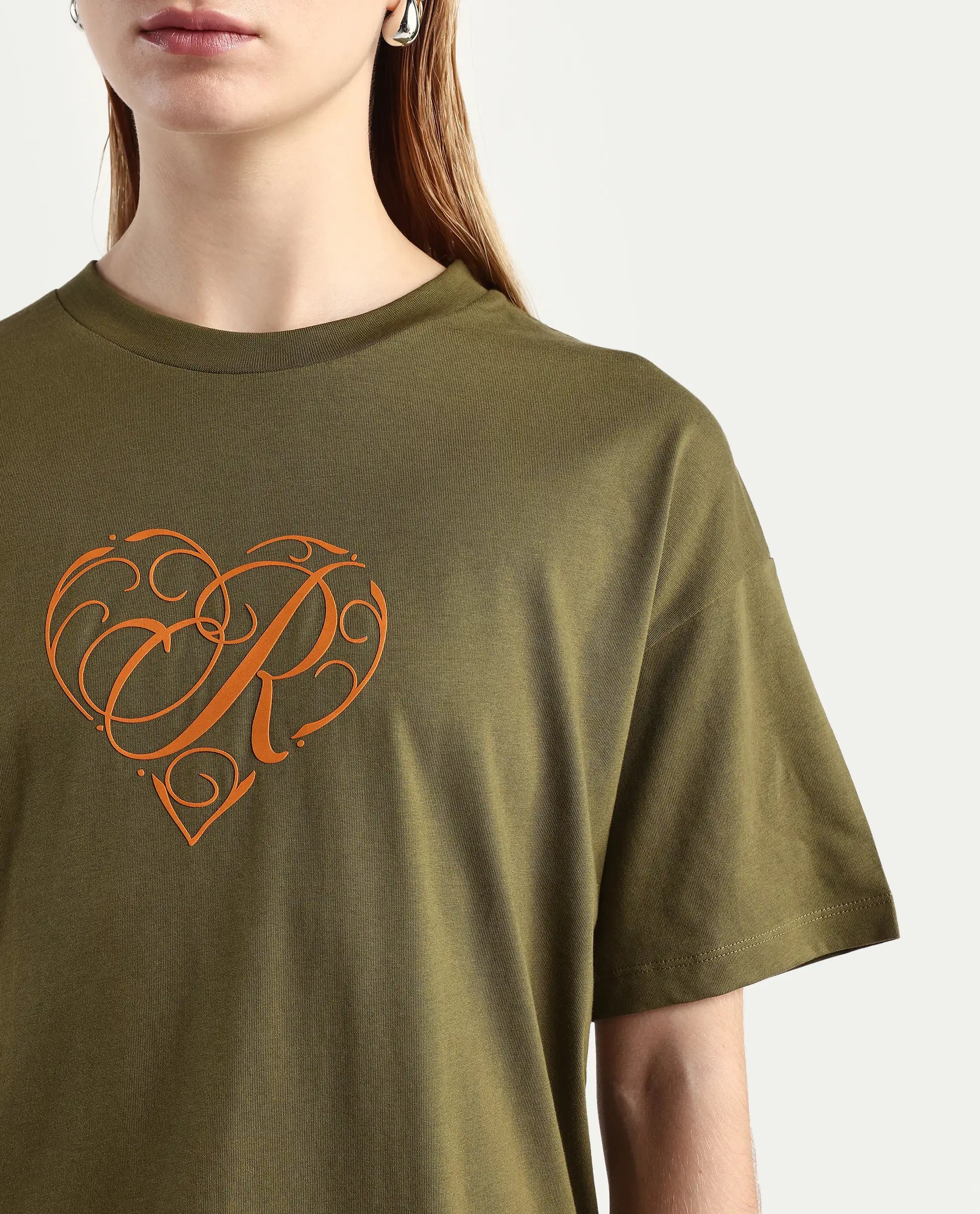 Rareism Women's Fer Dark Olive Cotton Crew Neck Relaxed Fit T-Shirt