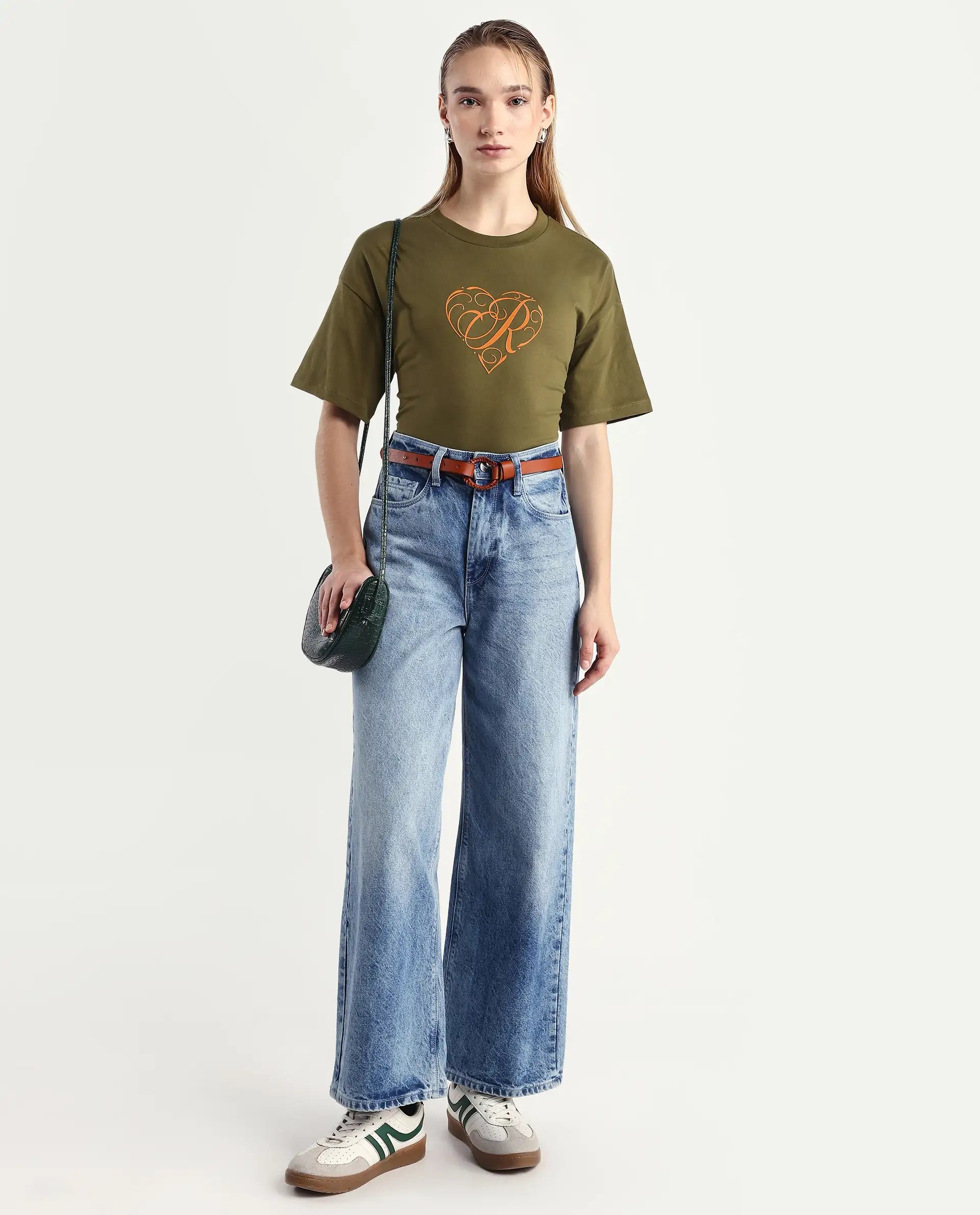 Rareism Women's Fer Dark Olive Cotton Crew Neck Relaxed Fit T-Shirt