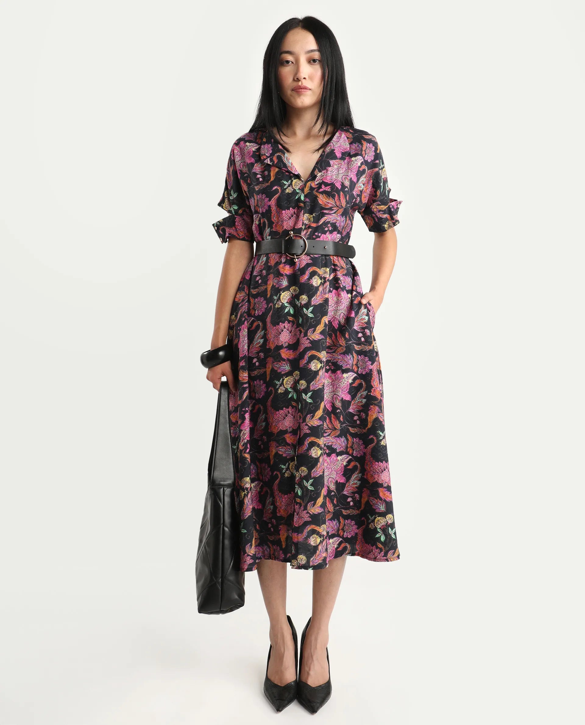 Rareism Women's Fertash Dark Multi Cotton Blend Drop Collar Abstract Print Cutout Sleeve Midi A-Line Dress