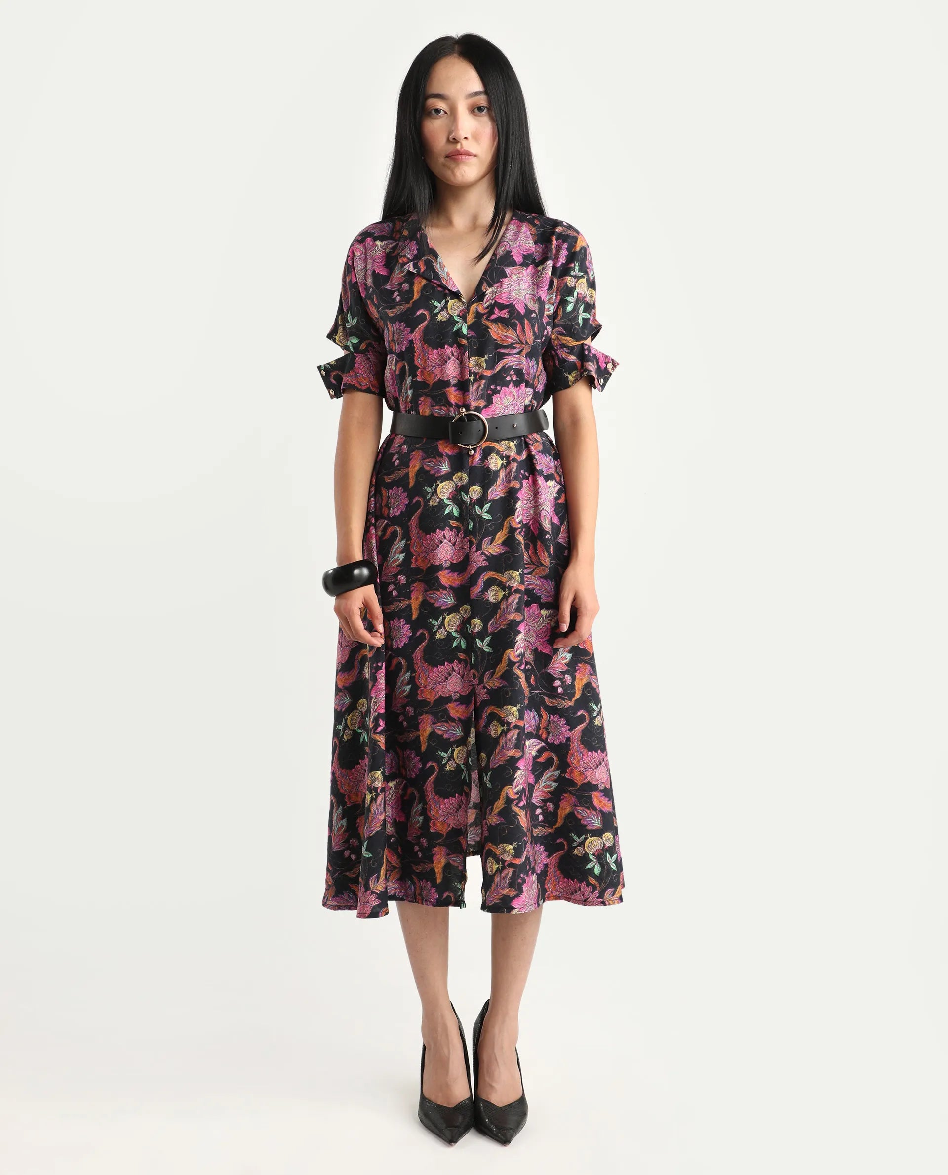 Rareism Women's Fertash Dark Multi Cotton Blend Drop Collar Abstract Print Cutout Sleeve Midi A-Line Dress