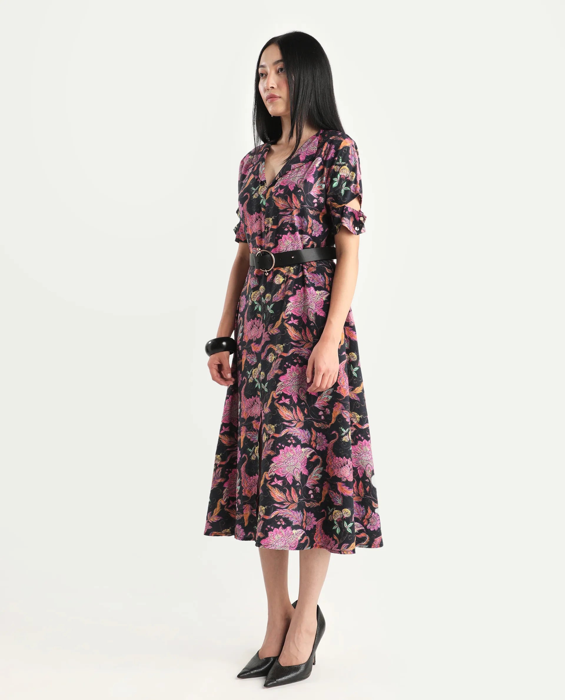 Rareism Women's Fertash Dark Multi Cotton Blend Drop Collar Abstract Print Cutout Sleeve Midi A-Line Dress