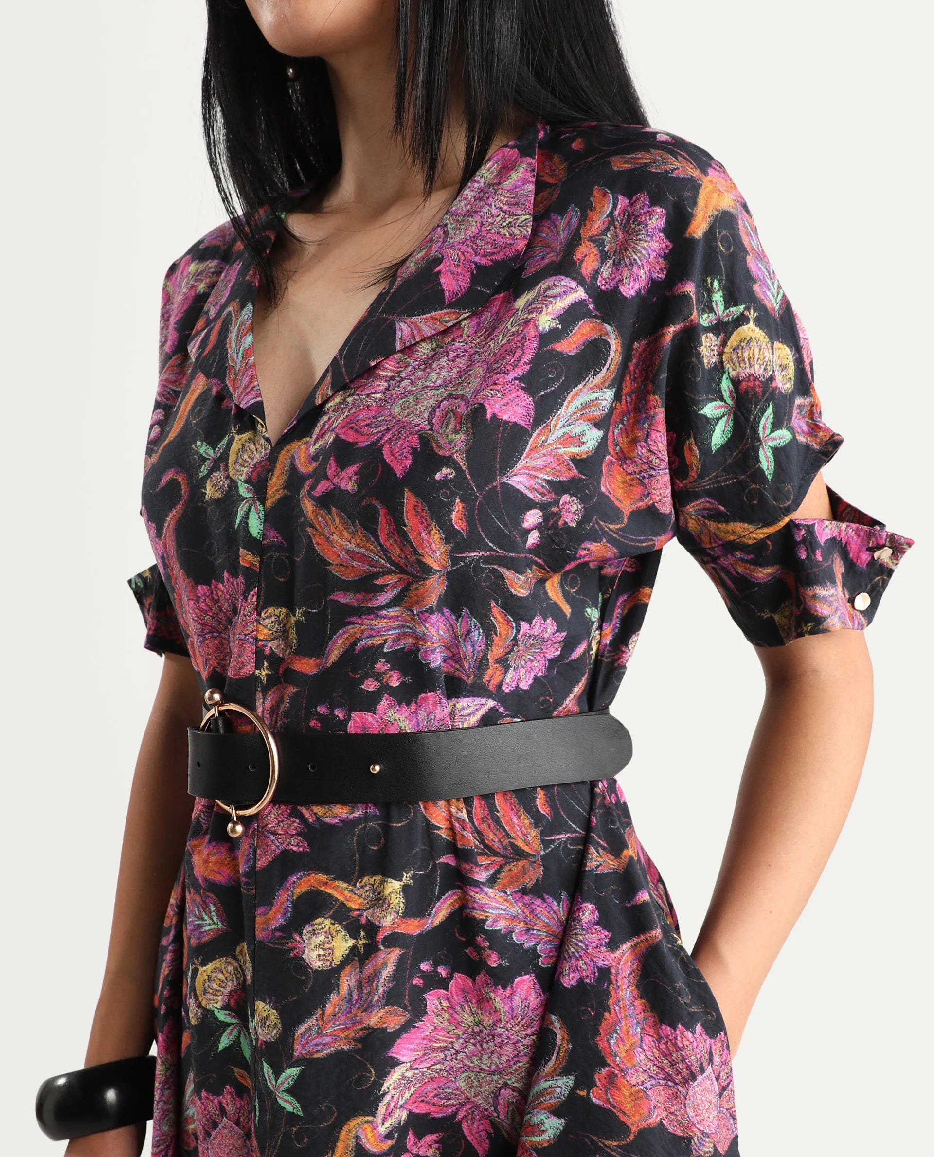 Rareism Women's Fertash Dark Multi Cotton Blend Drop Collar Abstract Print Cutout Sleeve Midi A-Line Dress