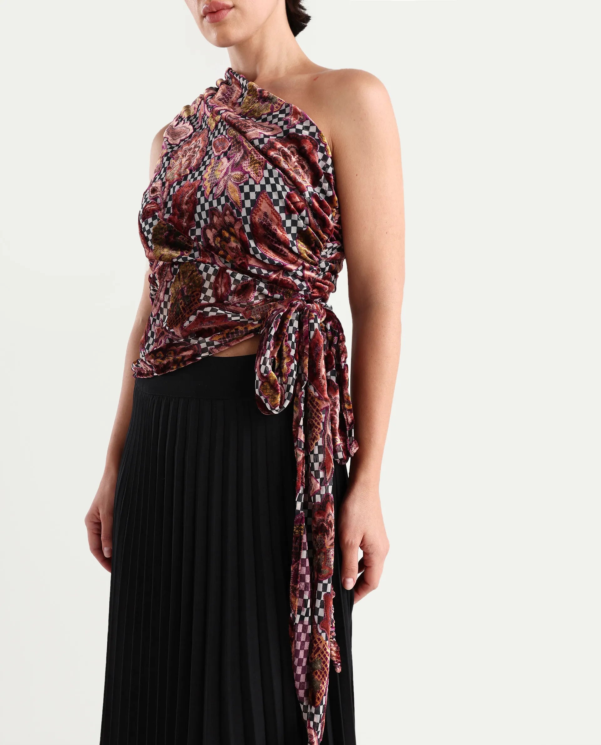 Rareism Women's Fertin Multi Polyester One Shoulder Floral Print Sleeveless Regular Fitted Top