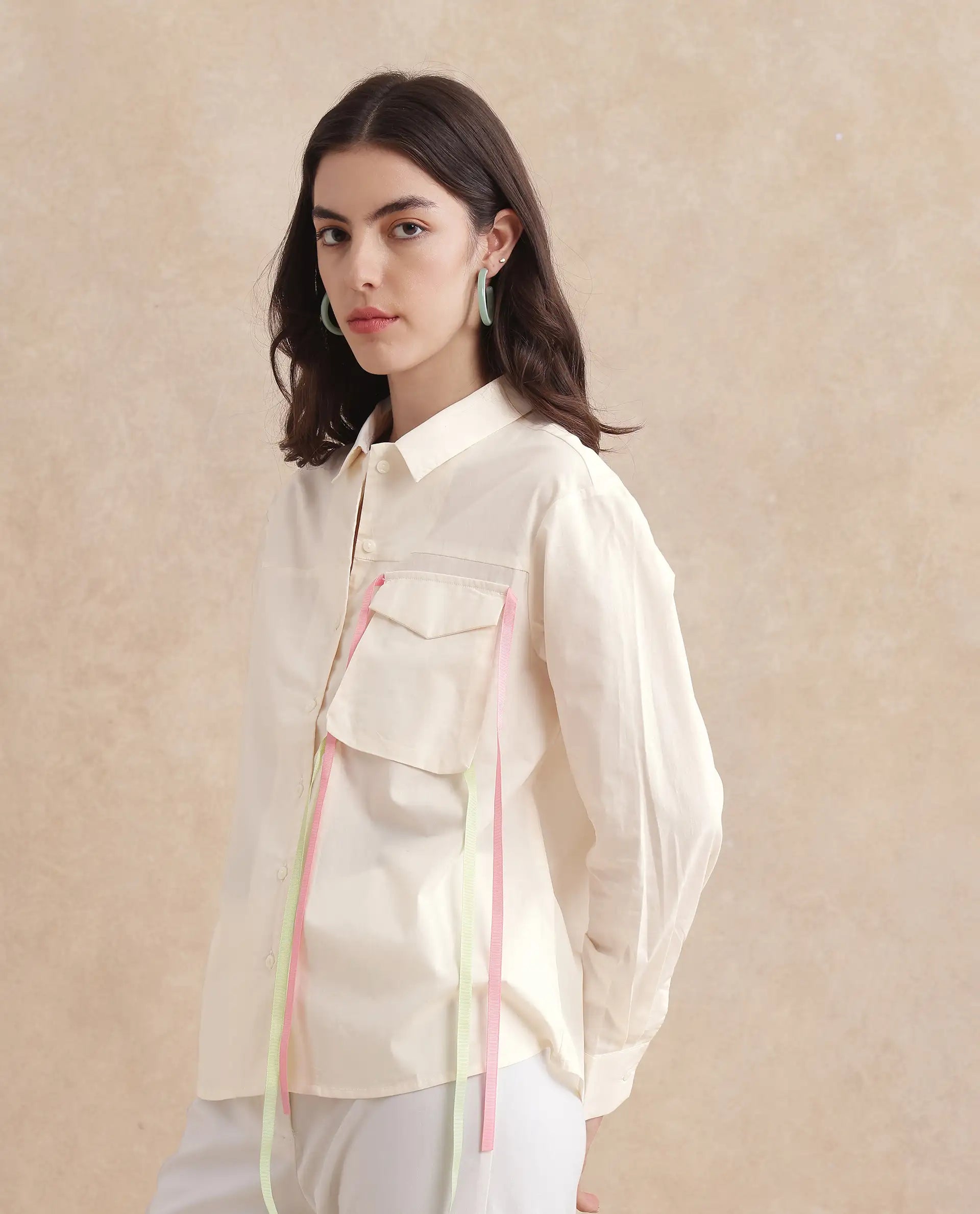 Rareism Women's Fetopl Beige Cotton Spread Collar Graphic Print Cuffed Sleeve Boxy Fit Shirt