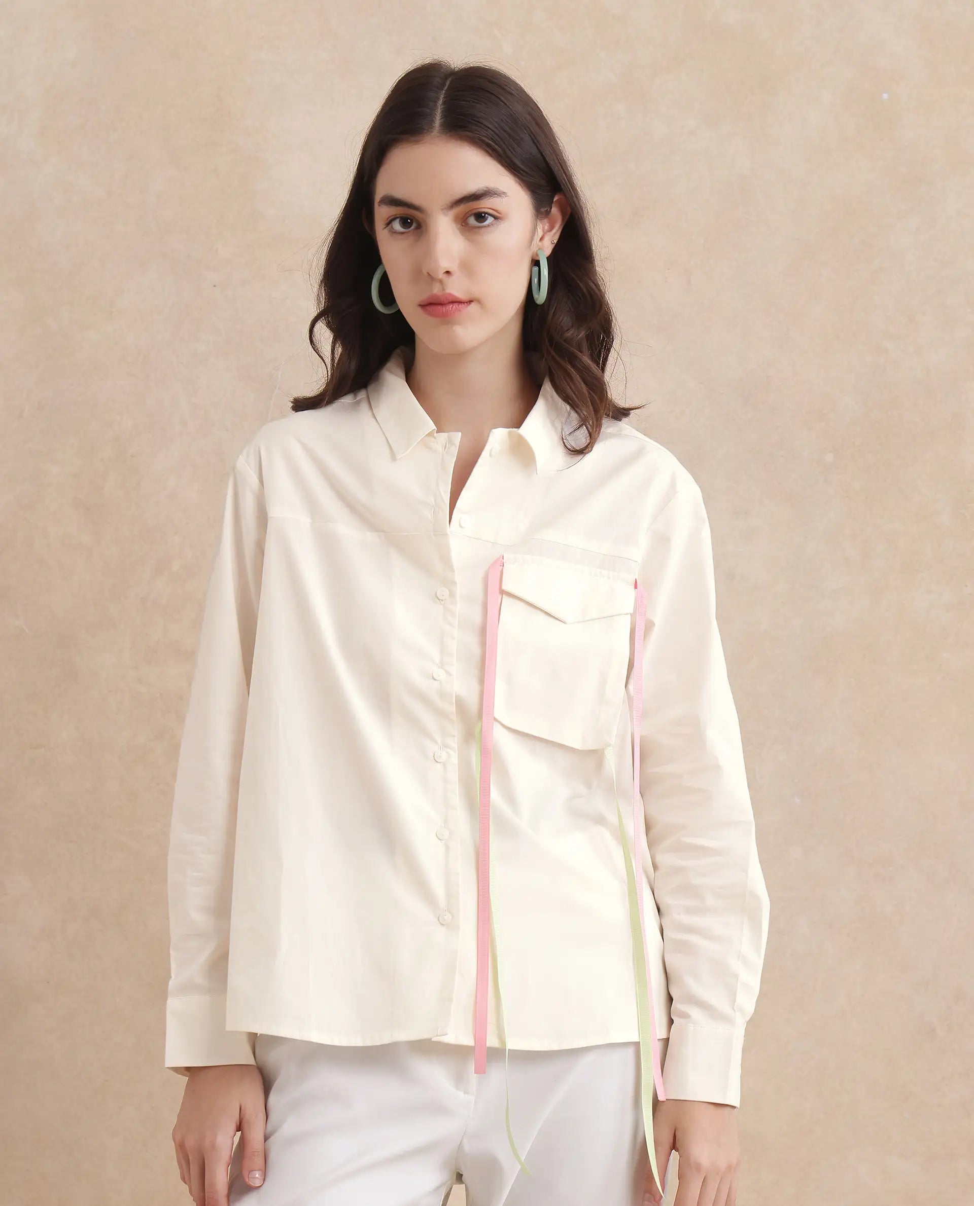 Rareism Women's Fetopl Beige Cotton Spread Collar Graphic Print Cuffed Sleeve Boxy Fit Shirt