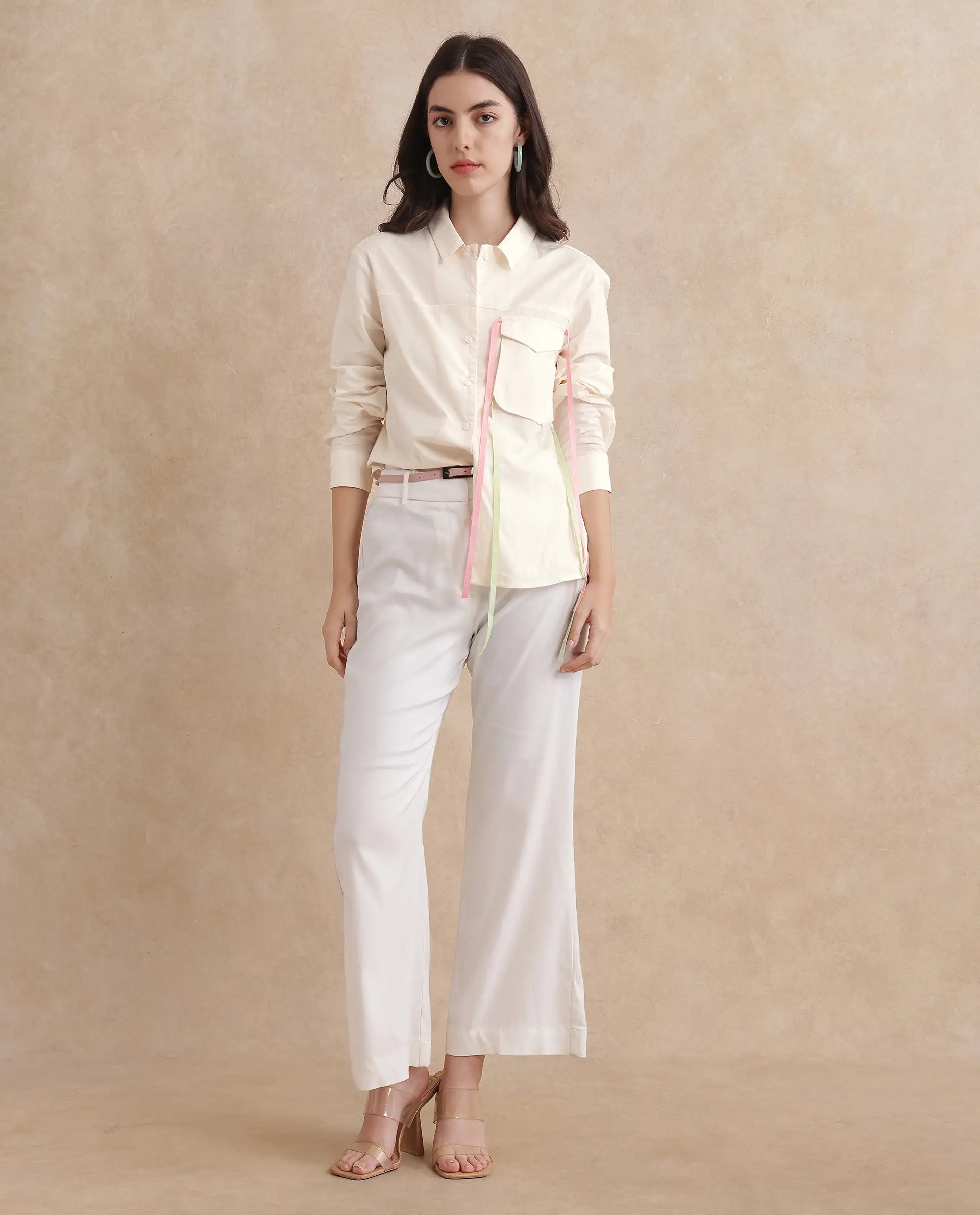 Rareism Women's Fetopl Beige Cotton Spread Collar Graphic Print Cuffed Sleeve Boxy Fit Shirt