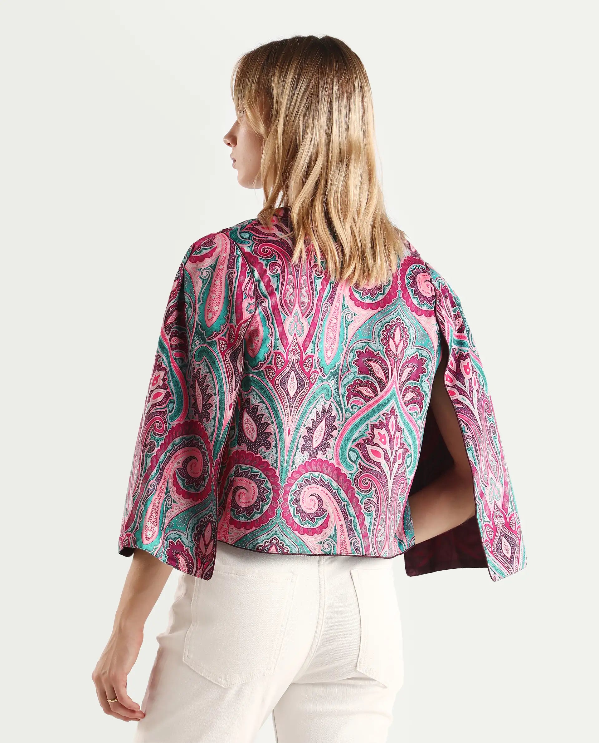 Rareism Women's Fewdy Multi Polyester Blend Collarless Paisley Print Crop Regular Fit Jacket