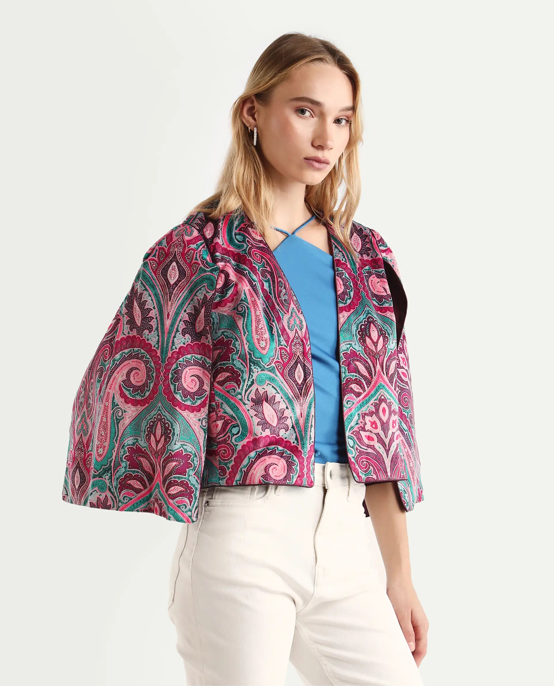 Rareism Women's Fewdy Multi Polyester Blend Collarless Paisley Print Crop Regular Fit Jacket