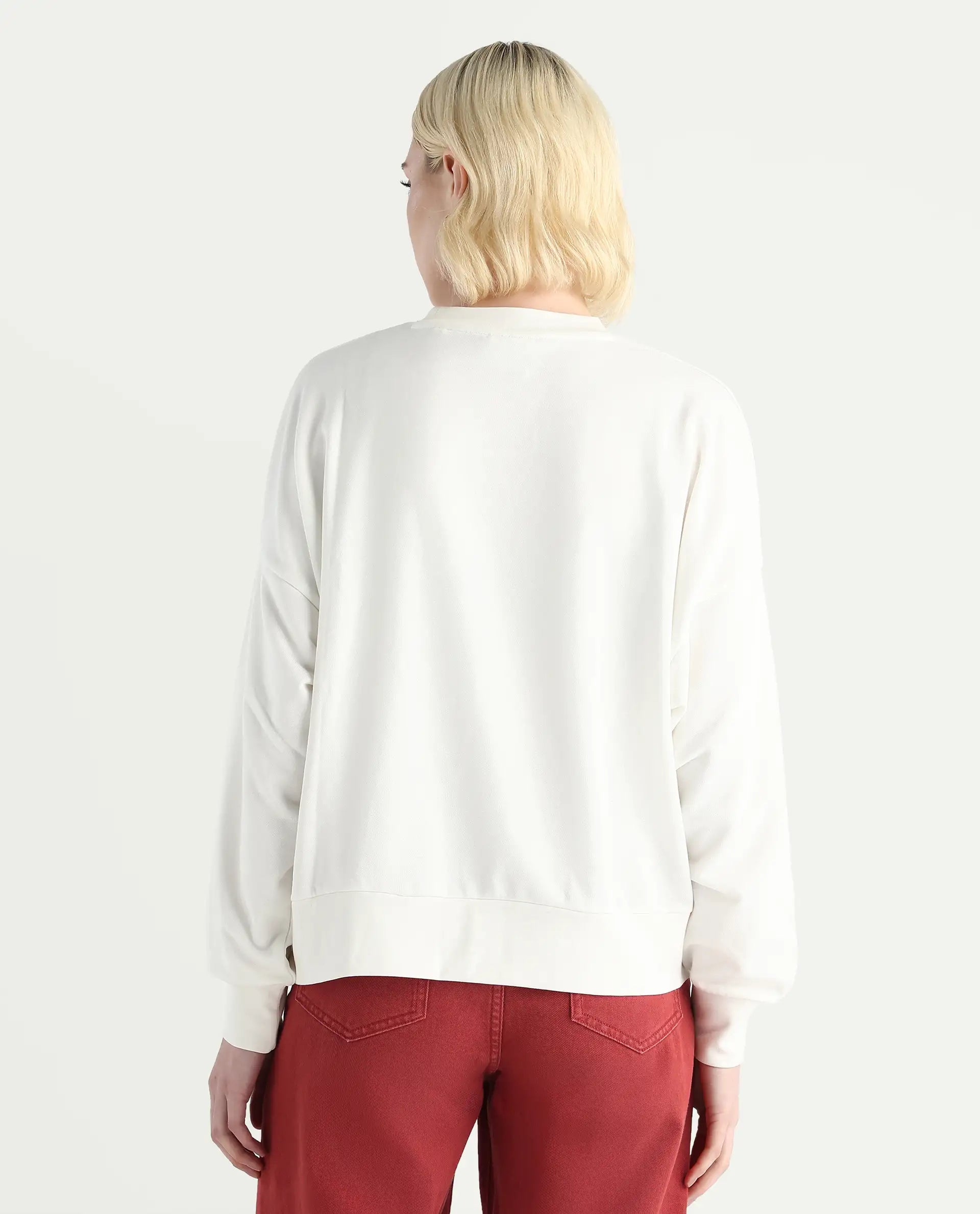 Rareism Women's Fez Off White Cotton Blend Crew Neck Relaxed Fit Floral Print Sweatshirt