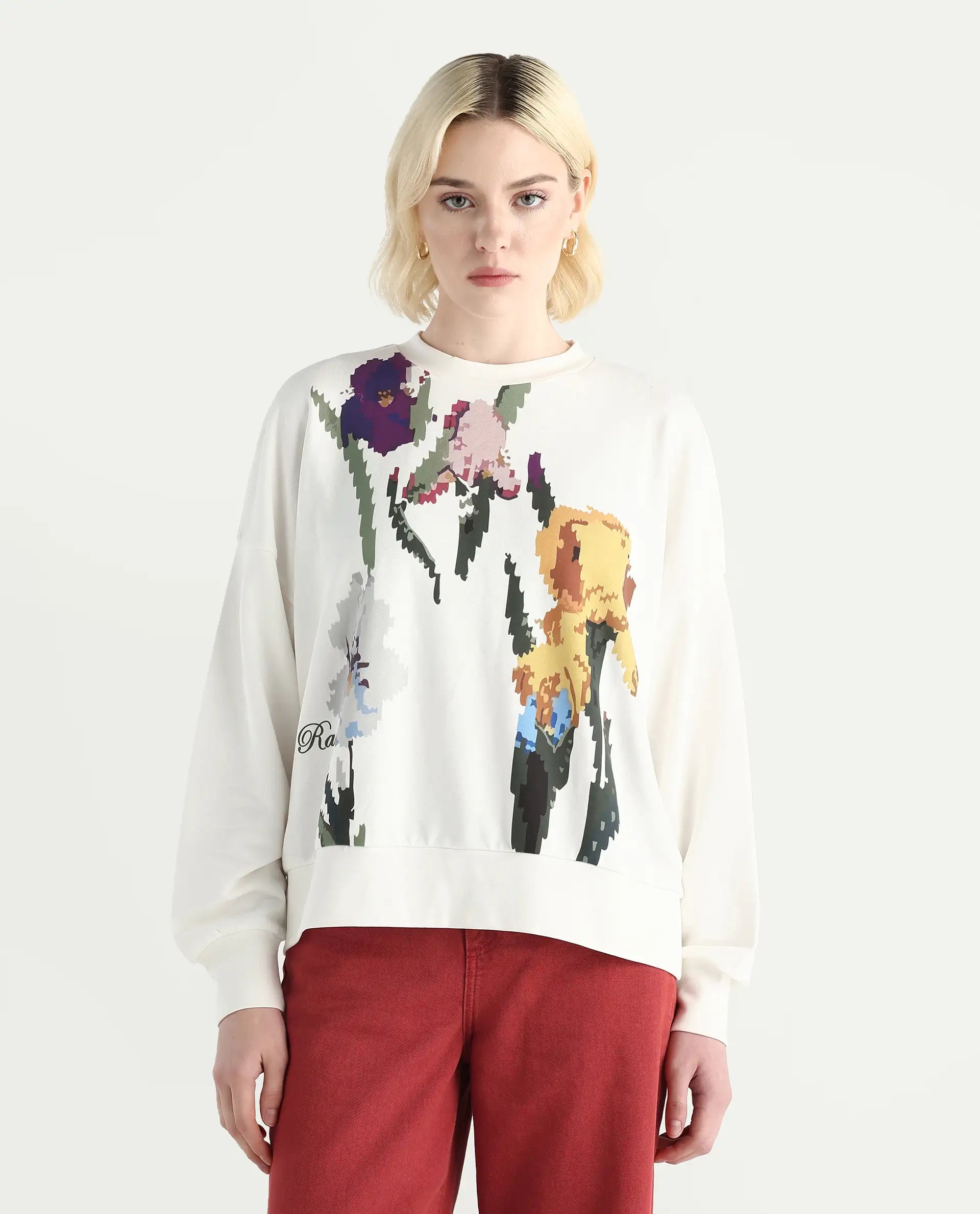 Rareism Women's Fez Off White Cotton Blend Crew Neck Relaxed Fit Floral Print Sweatshirt
