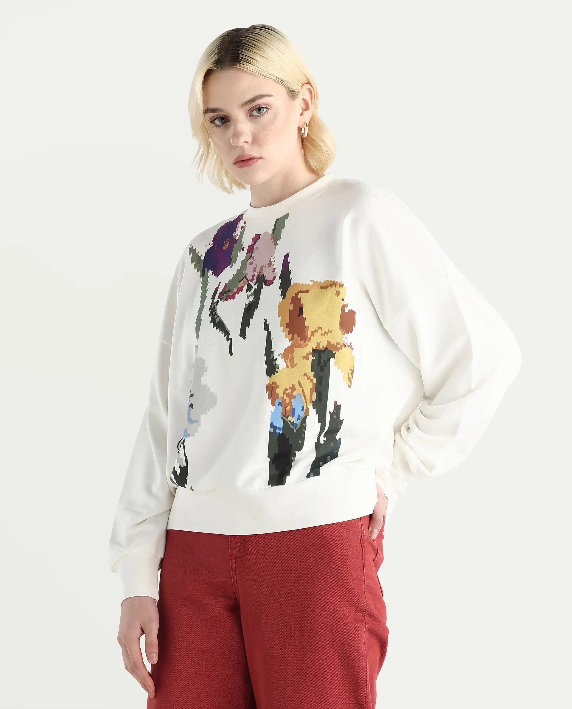Rareism Women's Fez Off White Cotton Blend Crew Neck Relaxed Fit Floral Print Sweatshirt