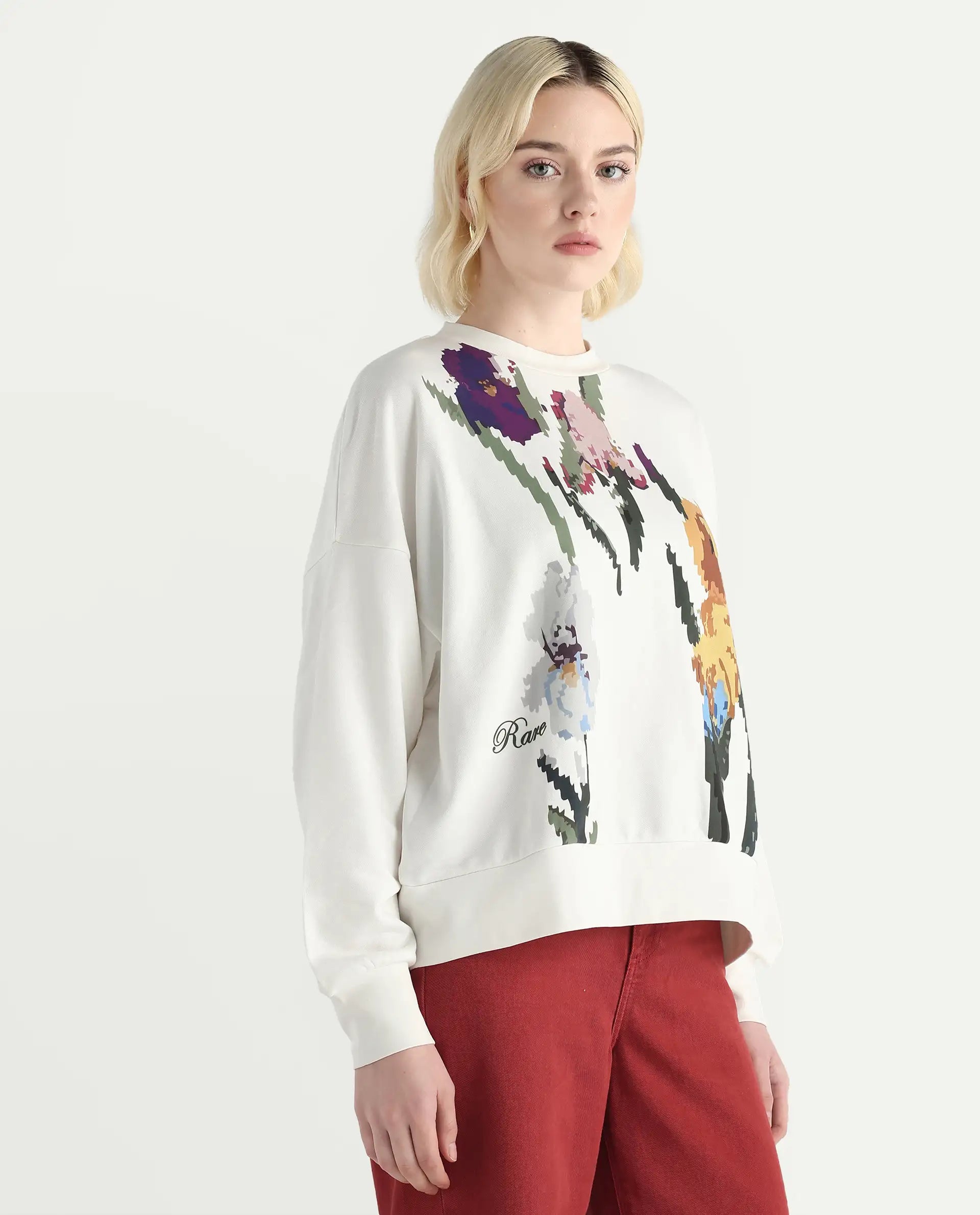 Rareism Women's Fez Off White Cotton Blend Crew Neck Relaxed Fit Floral Print Sweatshirt