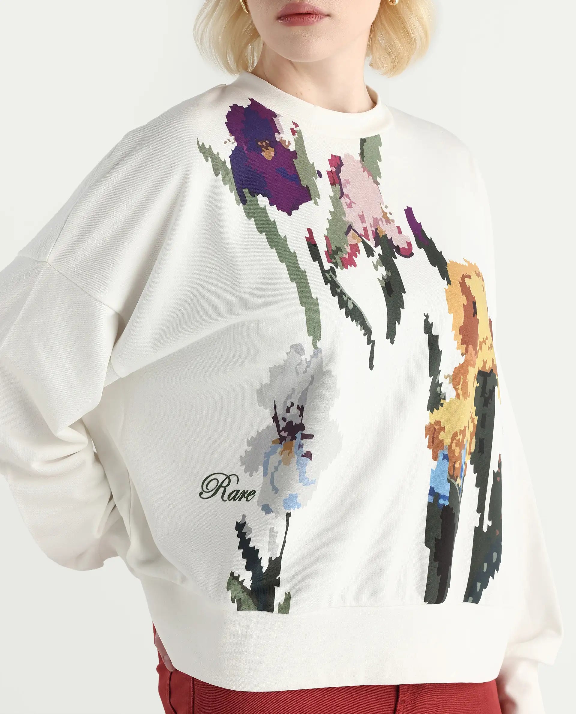 Rareism Women's Fez Off White Cotton Blend Crew Neck Relaxed Fit Floral Print Sweatshirt
