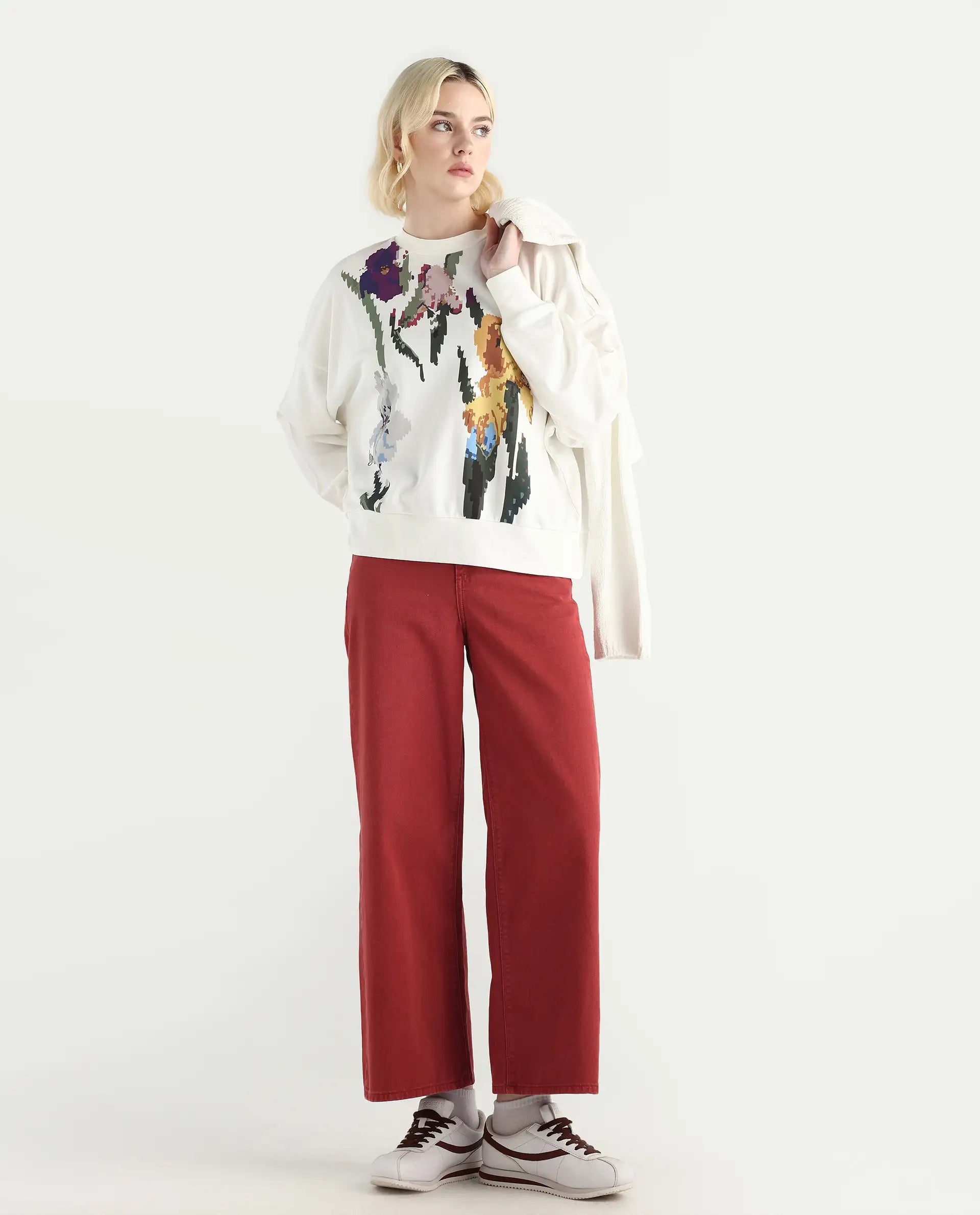 Rareism Women's Fez Off White Cotton Blend Crew Neck Relaxed Fit Floral Print Sweatshirt