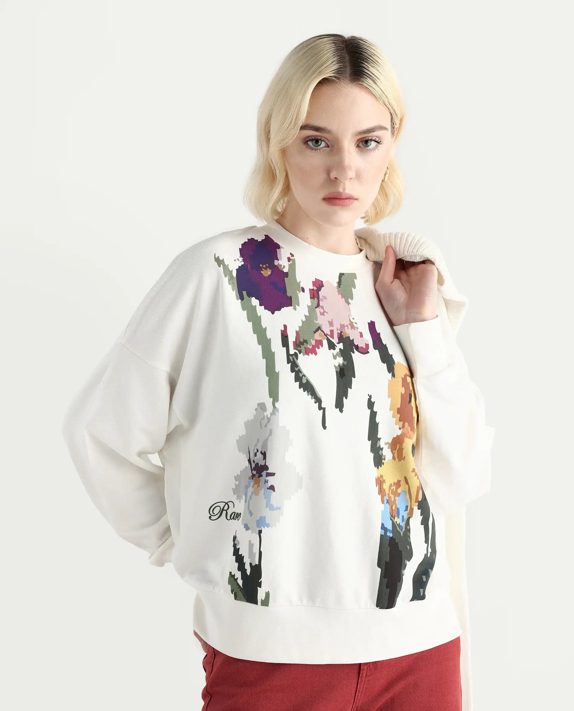 Rareism Women's Fez Off White Cotton Blend Crew Neck Relaxed Fit Floral Print Sweatshirt