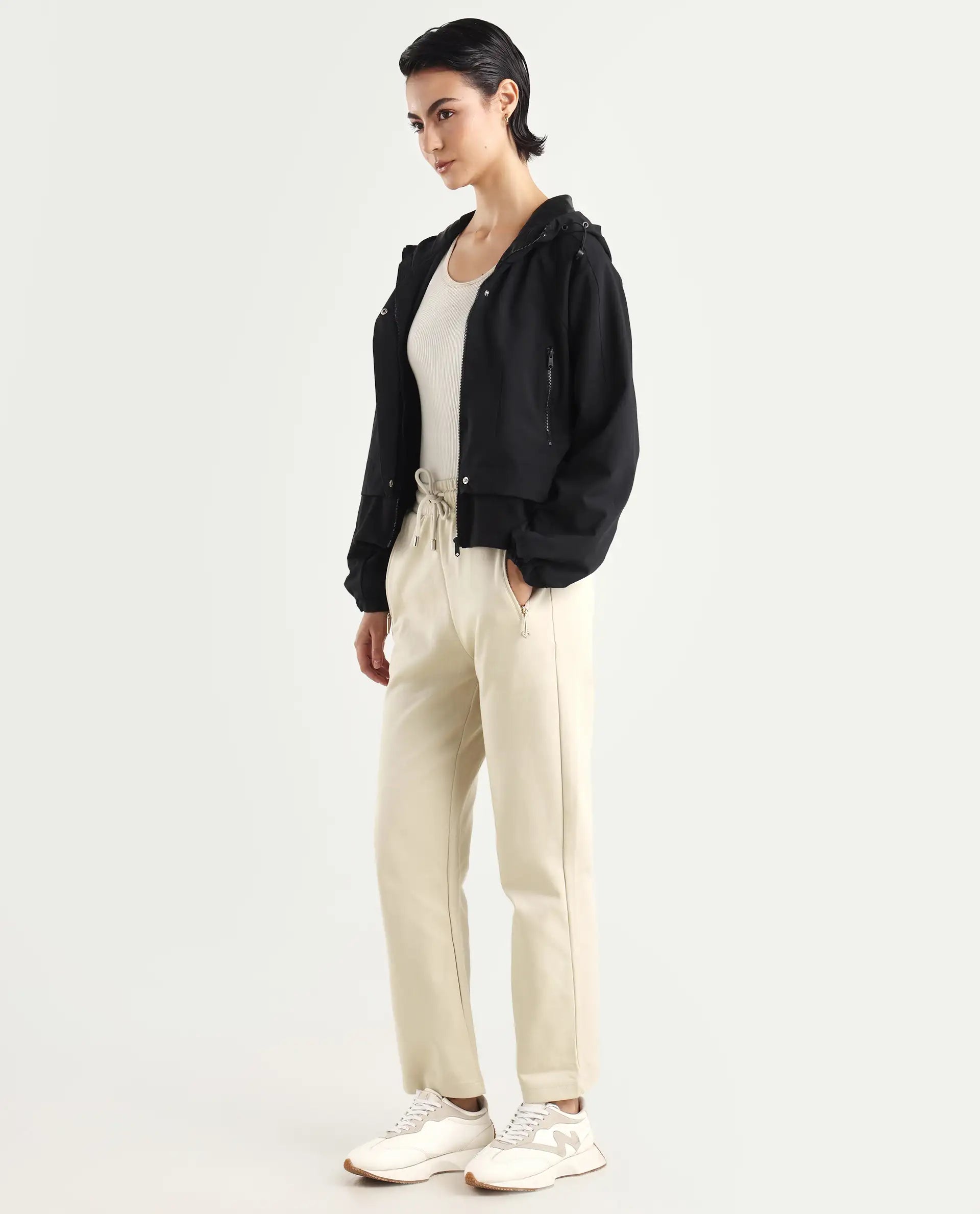 Rareism Women's Fider Beige Cotton Blend Plain Ankle Length Tapered Track Pant