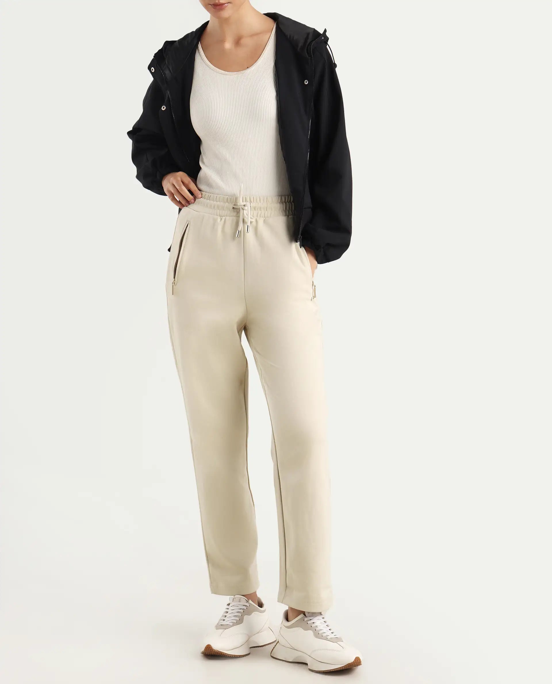 Rareism Women's Fider Beige Cotton Blend Plain Ankle Length Tapered Track Pant