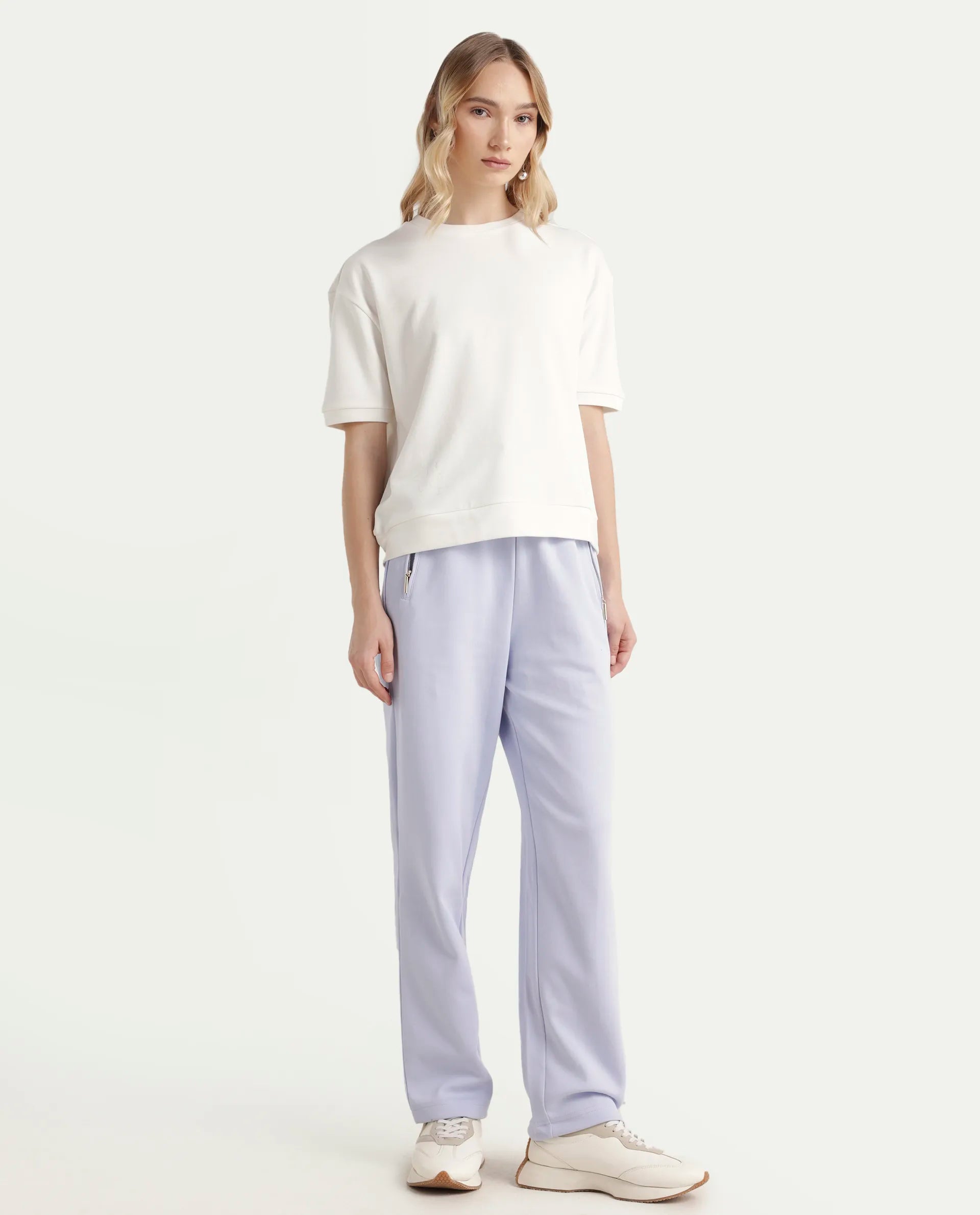 Rareism Women's Fider Light Blue Cotton Blend Plain Ankle Length Tapered Track Pant