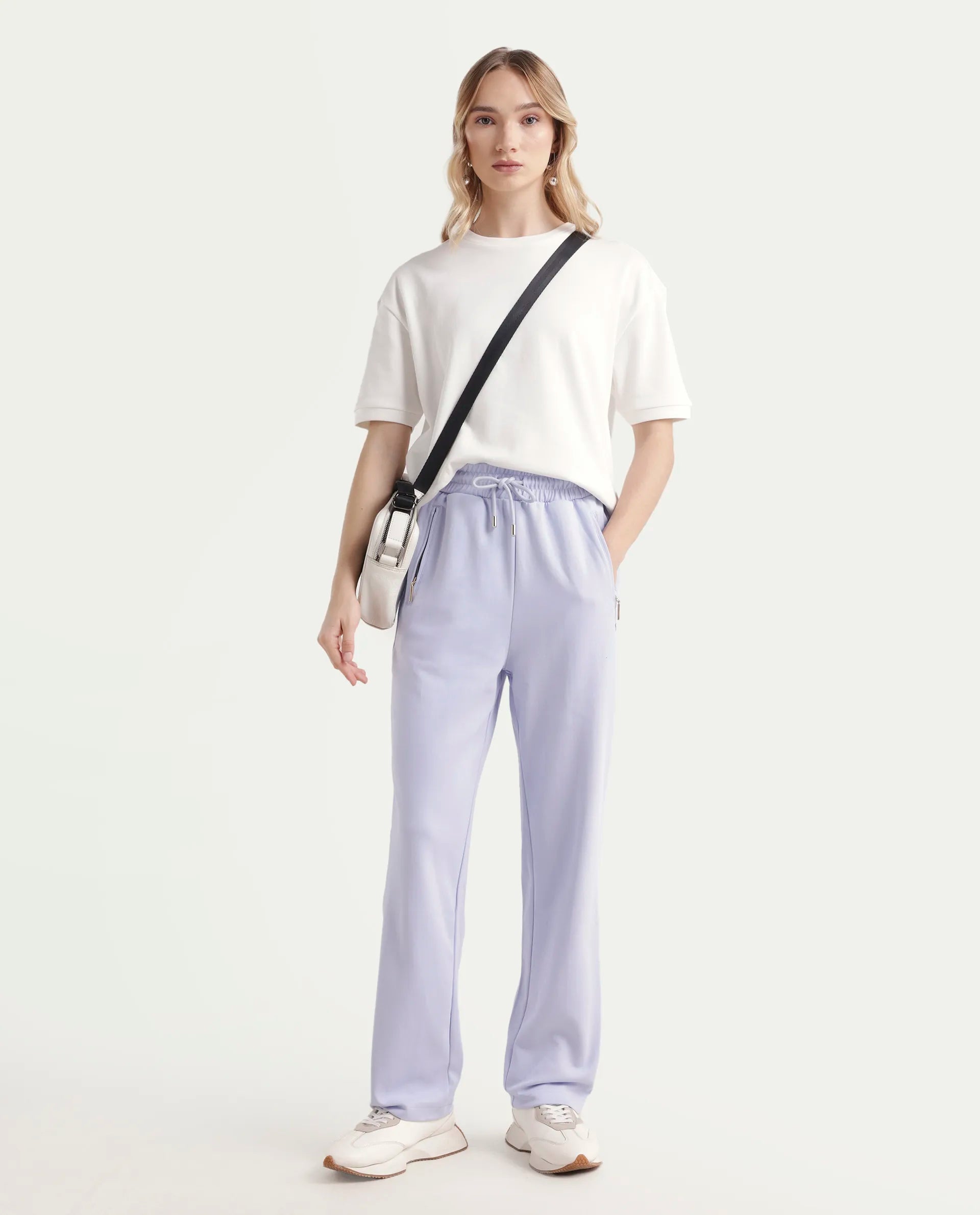 Rareism Women's Fider Light Blue Cotton Blend Plain Ankle Length Tapered Track Pant