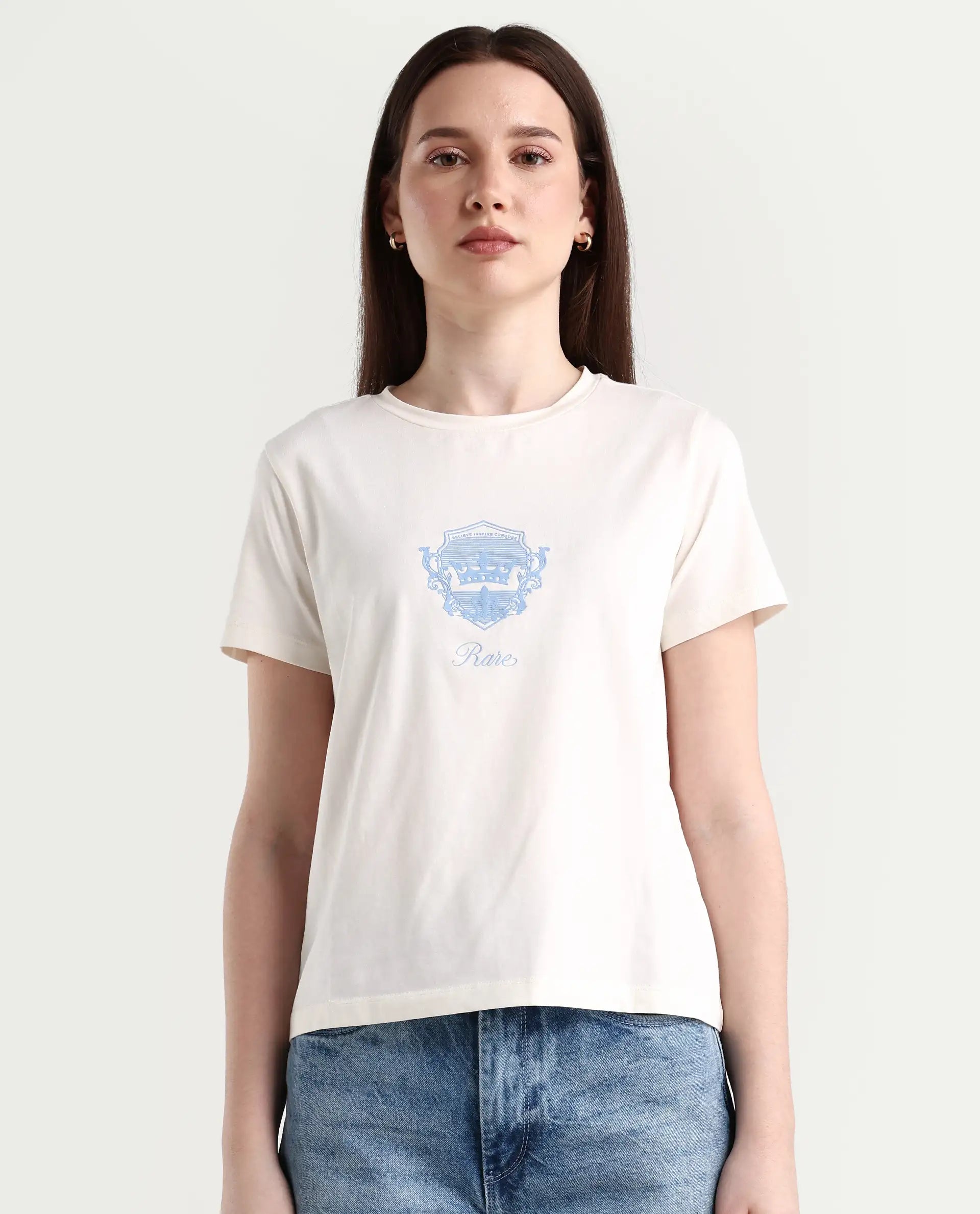 Rareism Women's Fila - Off White Cotton Blend Crew Neck Graphic Print Regular Fit T-Shirt