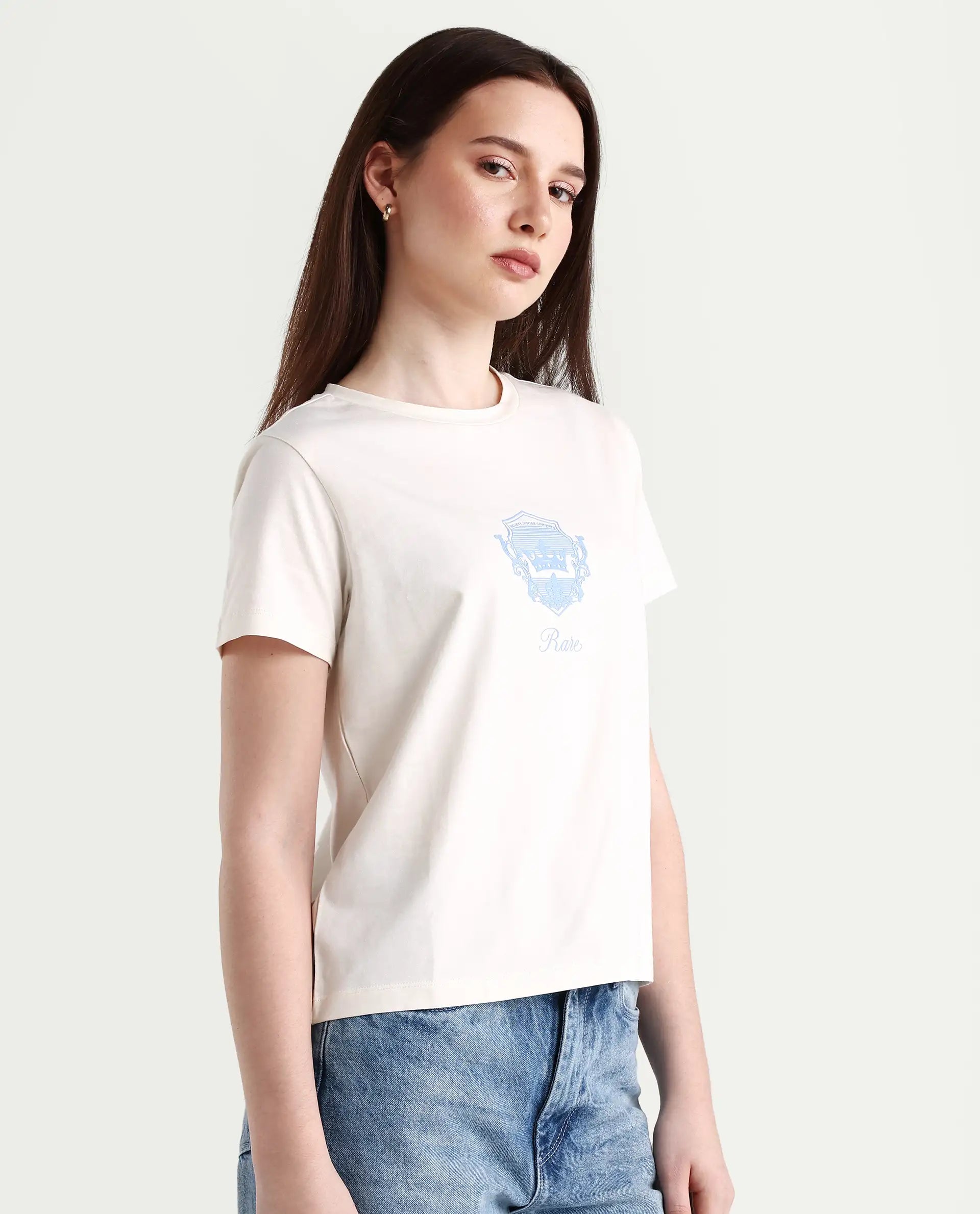 Rareism Women's Fila - Off White Cotton Blend Crew Neck Graphic Print Regular Fit T-Shirt