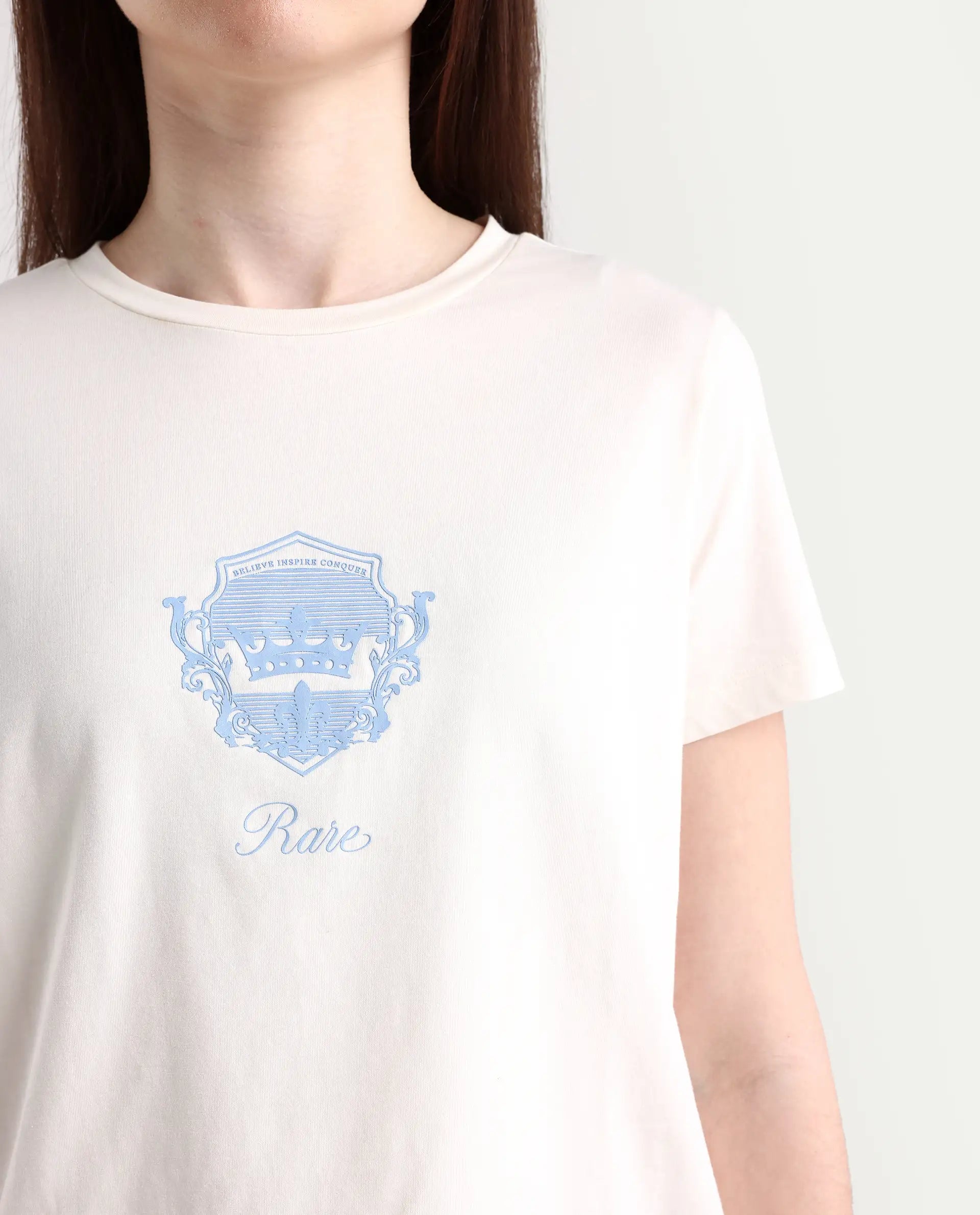 Rareism Women's Fila - Off White Cotton Blend Crew Neck Graphic Print Regular Fit T-Shirt