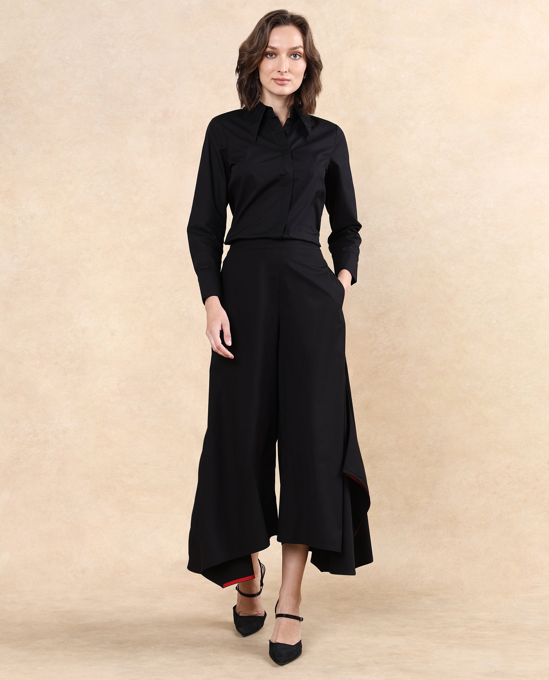 Rareism Women's Filom Black Cotton Blend Plain Ankle Length Flared Trouser