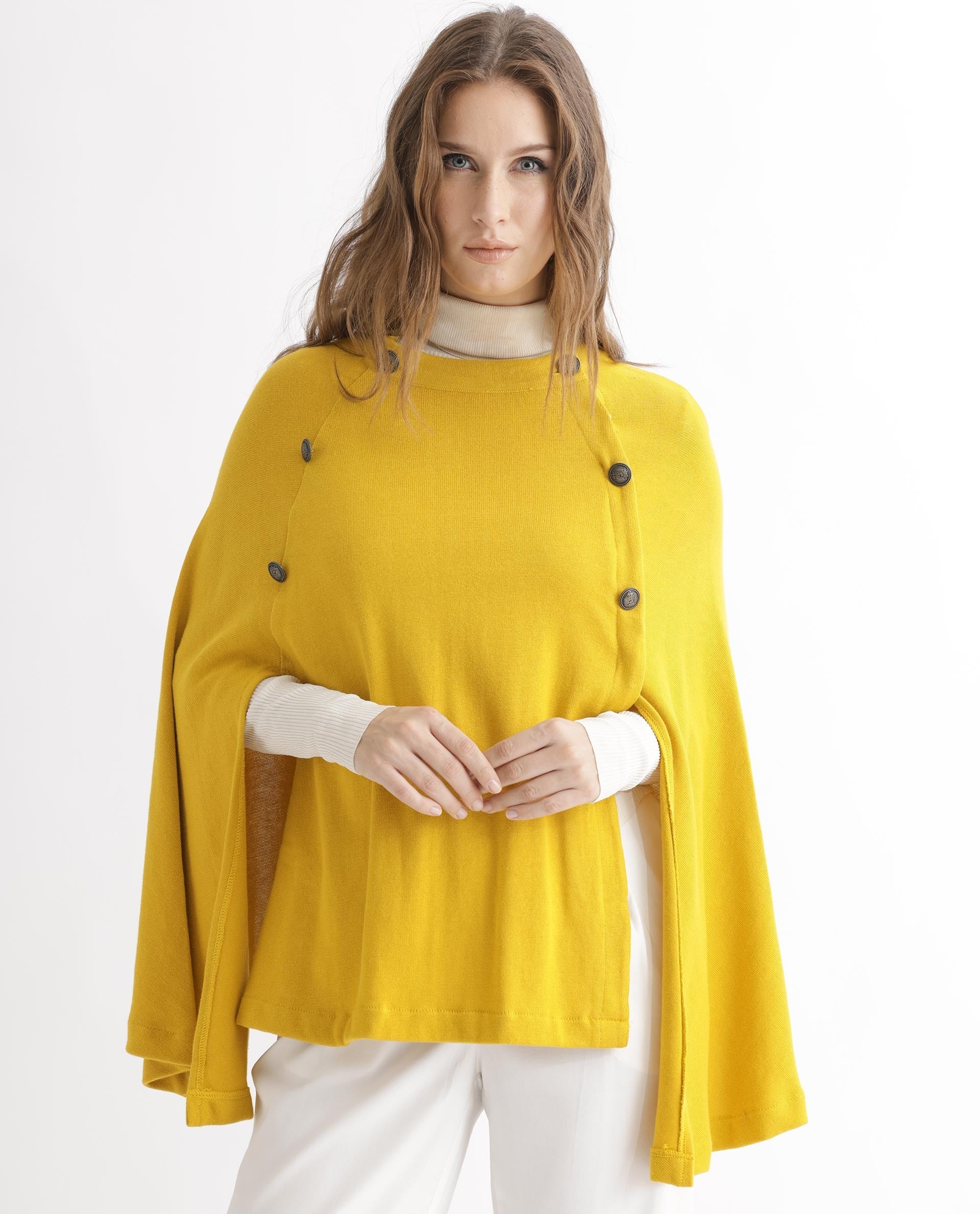 Rareism Women Finley Mustard Cotton Fabric 3/4Th Sleeves Relaxed Fit Solid Collarless Sweater