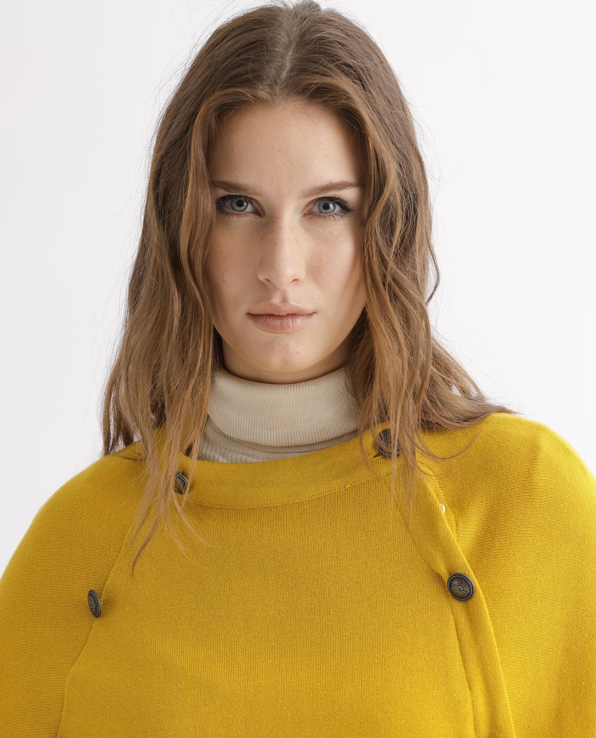 Rareism Women Finley Mustard Cotton Fabric 3/4Th Sleeves Relaxed Fit Solid Collarless Sweater