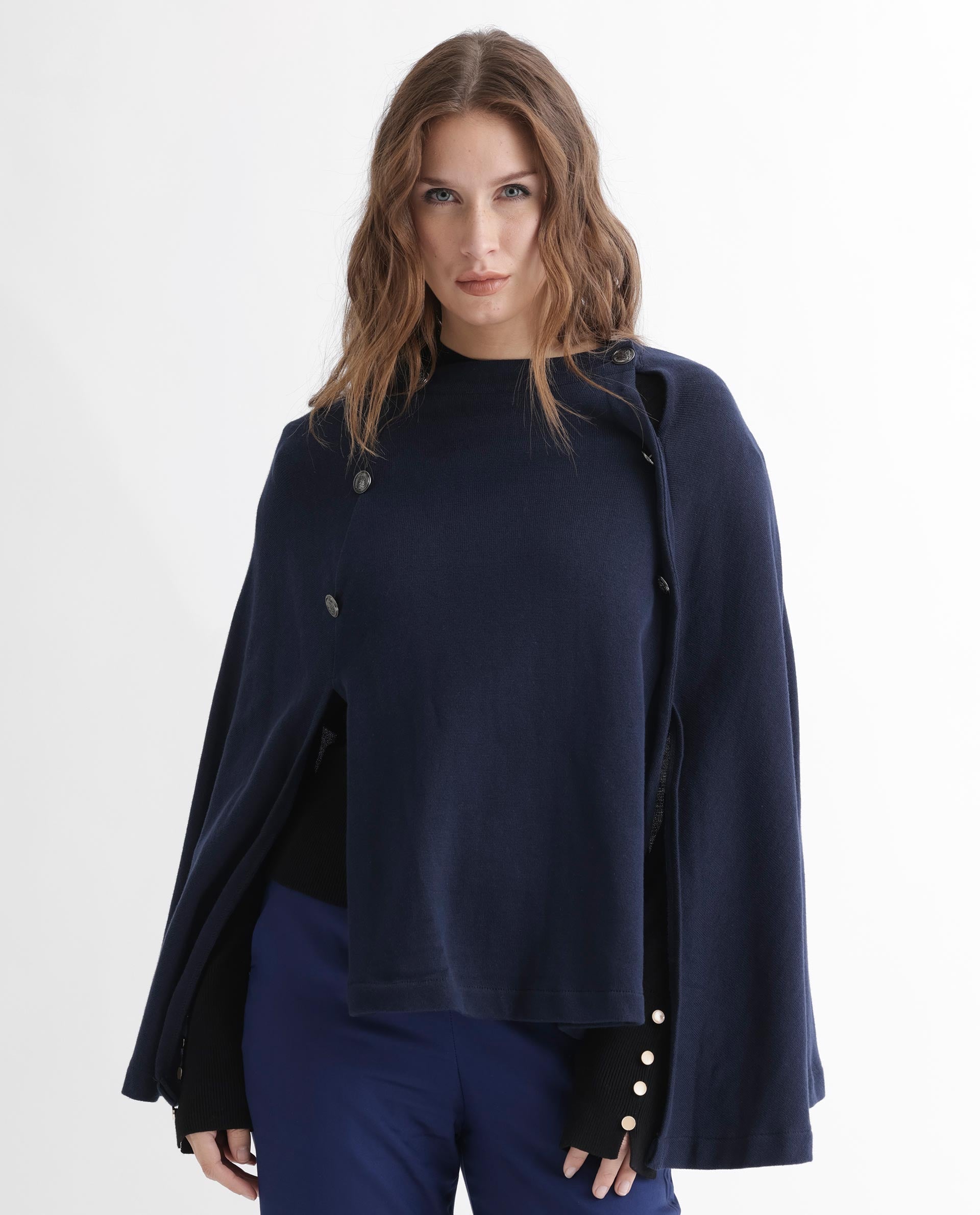 Rareism Women's Finley Navy Cotton Collarless Plain Cape Sleeve Relaxed Fit Sweater