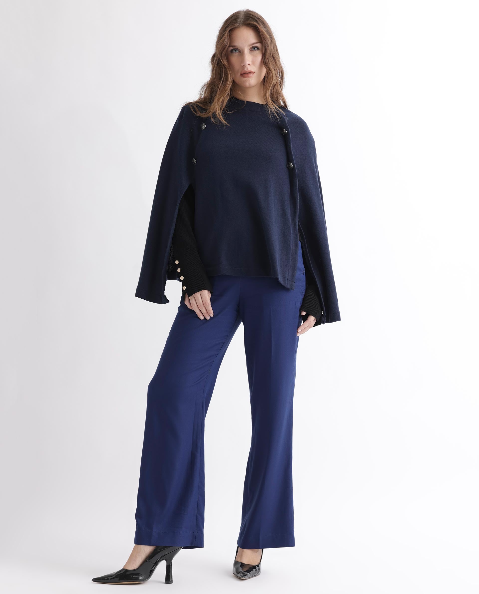 Rareism Women's Finley Navy Cotton Collarless Plain Cape Sleeve Relaxed Fit Sweater