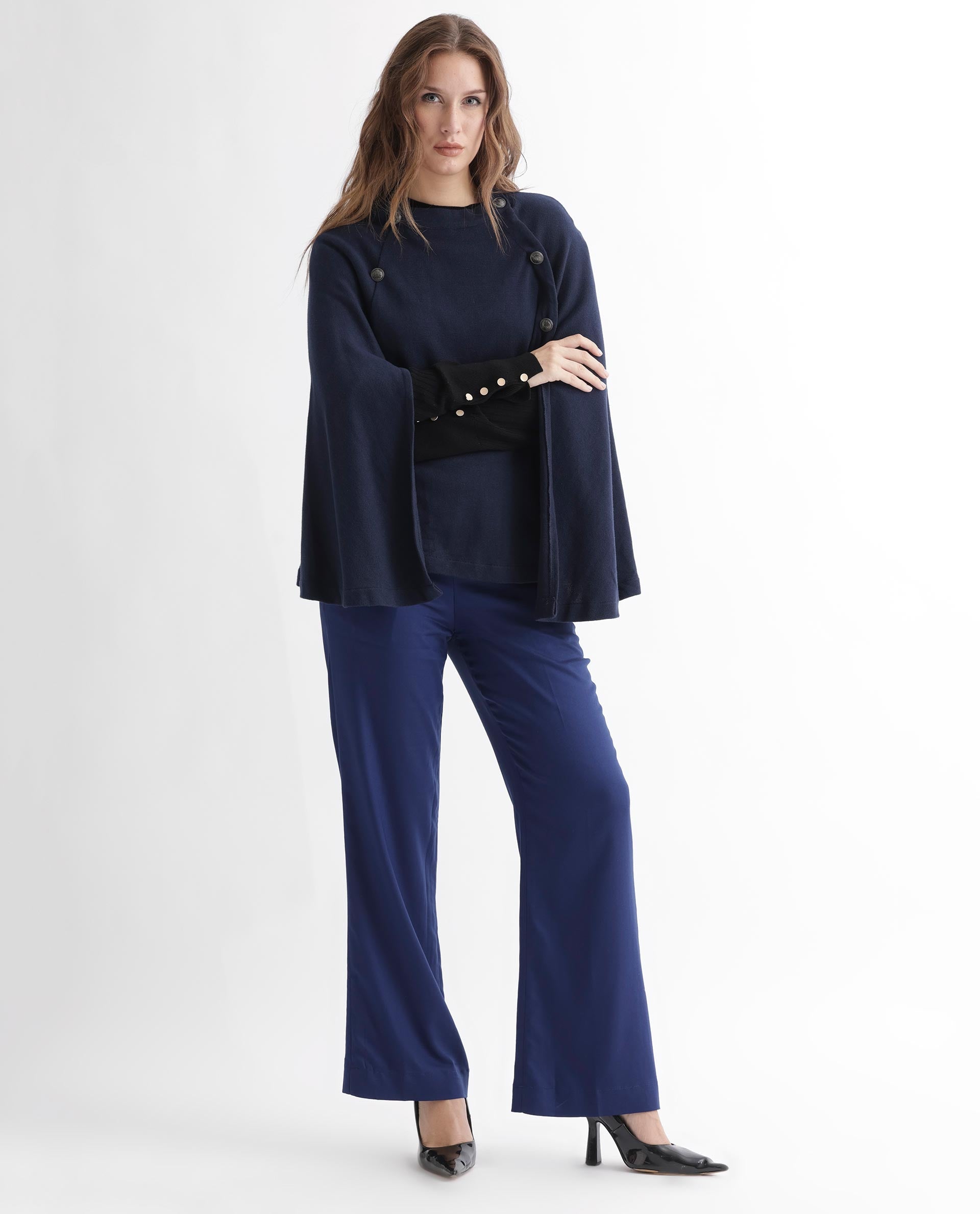 Rareism Women's Finley Navy Cotton Collarless Plain Cape Sleeve Relaxed Fit Sweater