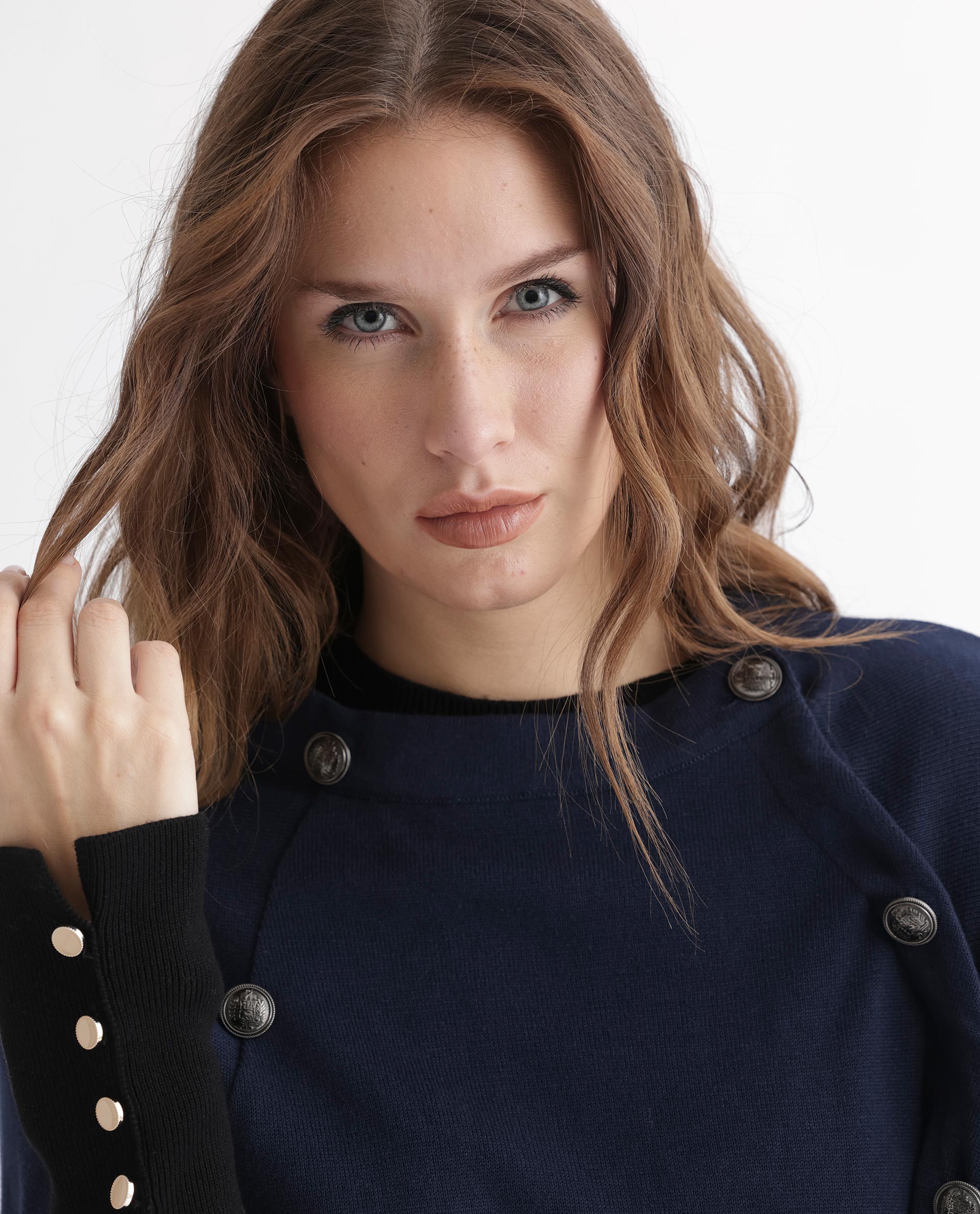 Rareism Women Finley Navy Cotton Fabric 3/4Th Sleeves Relaxed Fit Solid Collarless Sweater