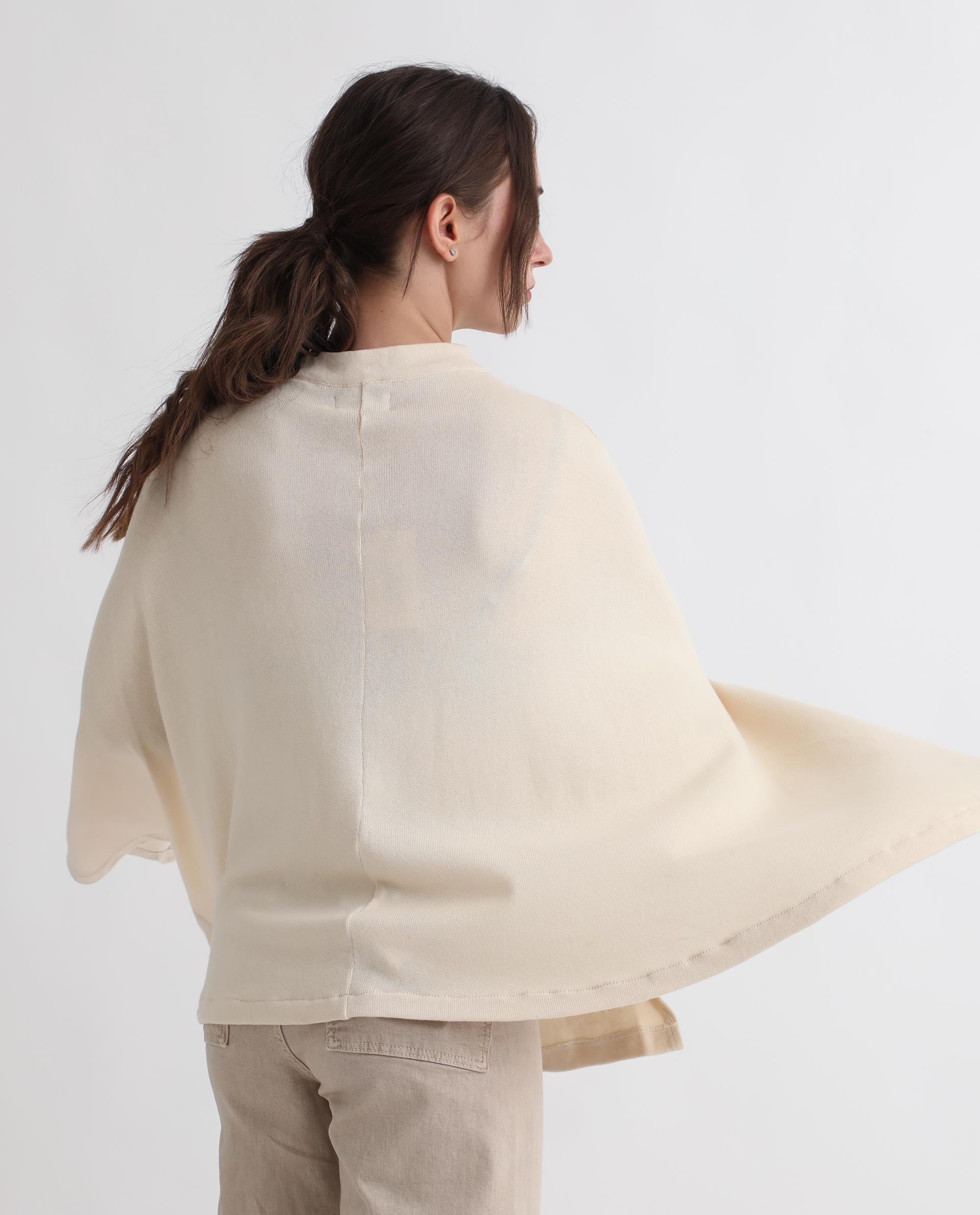 Rareism Women's Finley Offwhite Cotton Collarless Plain Cape Sleeve Relaxed Fit Sweater