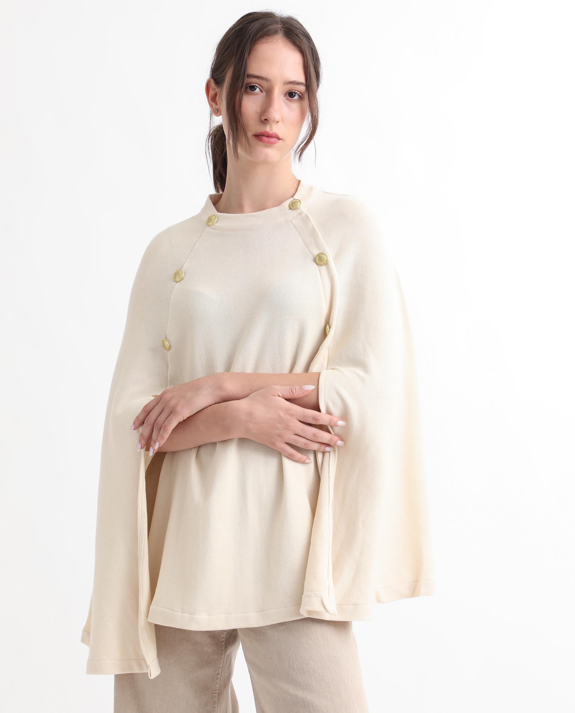 Rareism Women Finley Off White Cotton Fabric 3/4Th Sleeves Relaxed Fit Solid Collarless Sweater