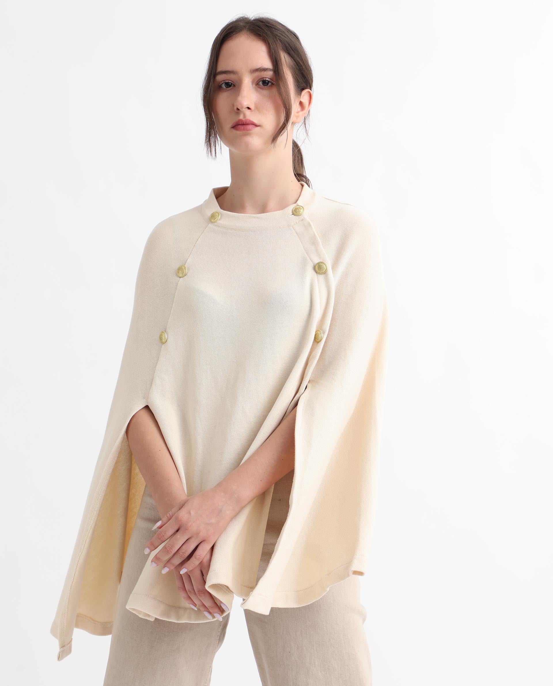 Rareism Women Finley Off White Cotton Fabric 3/4Th Sleeves Relaxed Fit Solid Collarless Sweater