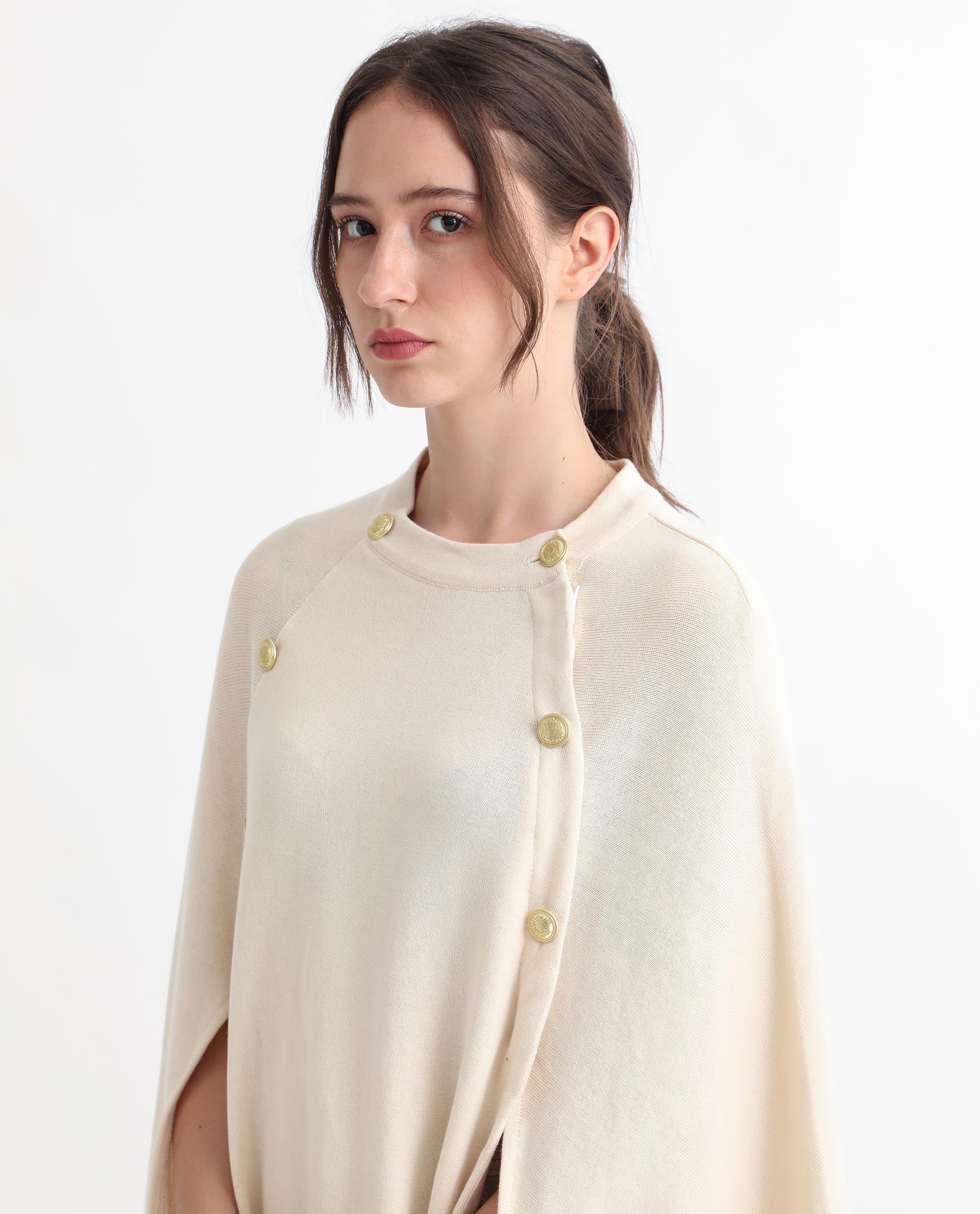 Rareism Women Finley Off White Cotton Fabric 3/4Th Sleeves Relaxed Fit Solid Collarless Sweater